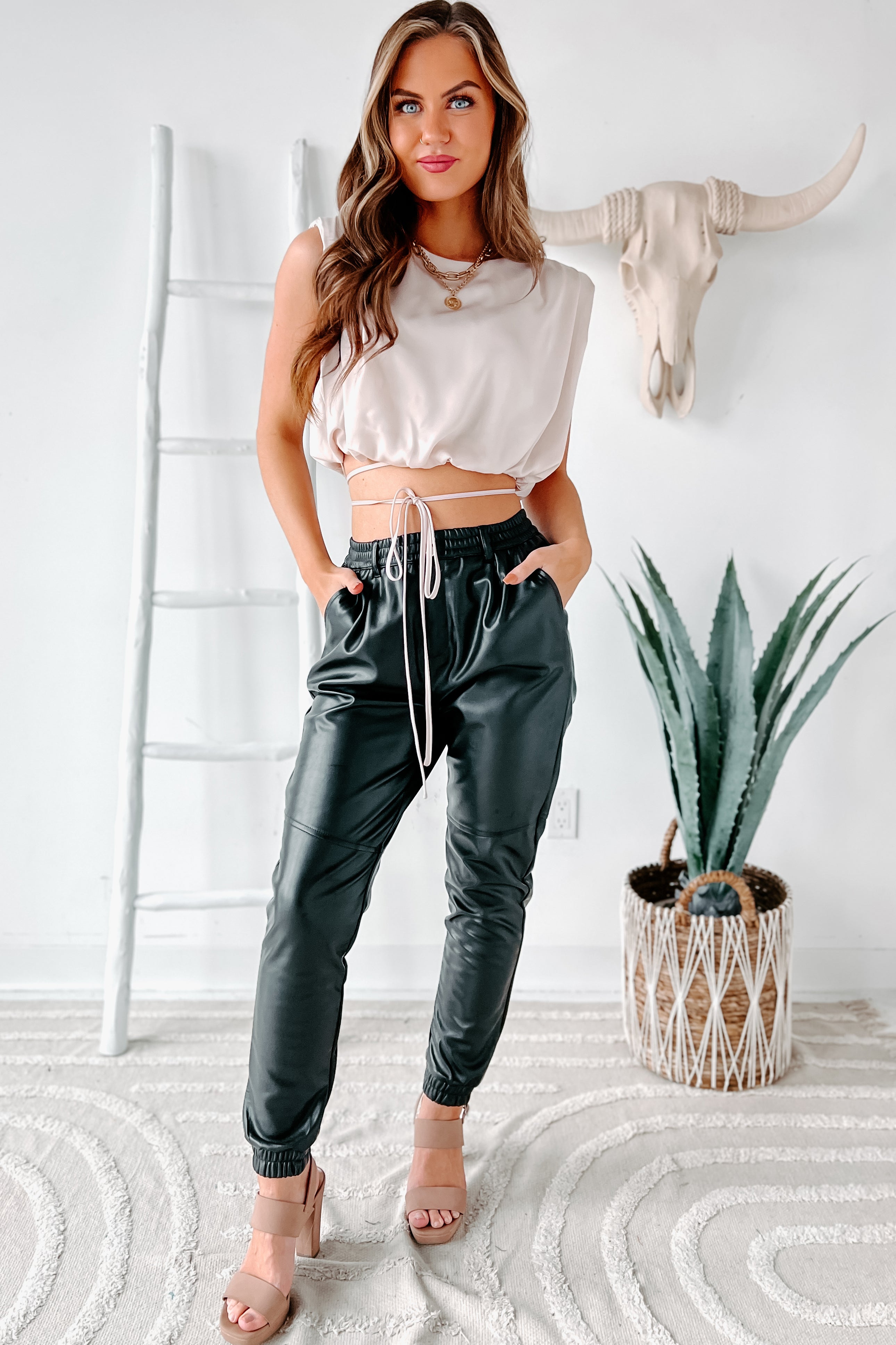 Acting Up High Waisted Faux Leather Joggers (Black)-The Formal Wear