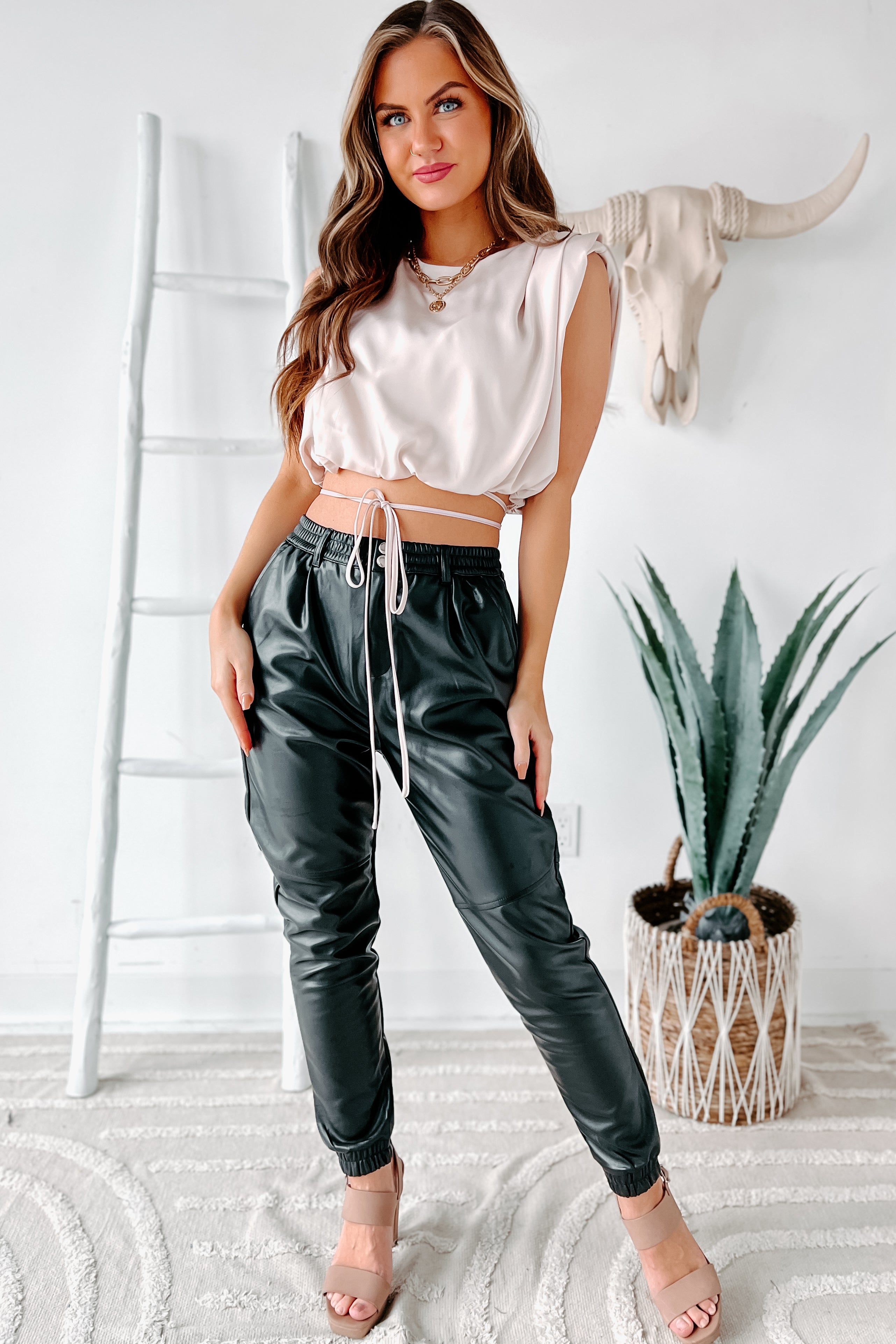 Acting Up High Waisted Faux Leather Joggers (Black)-The Formal Wear