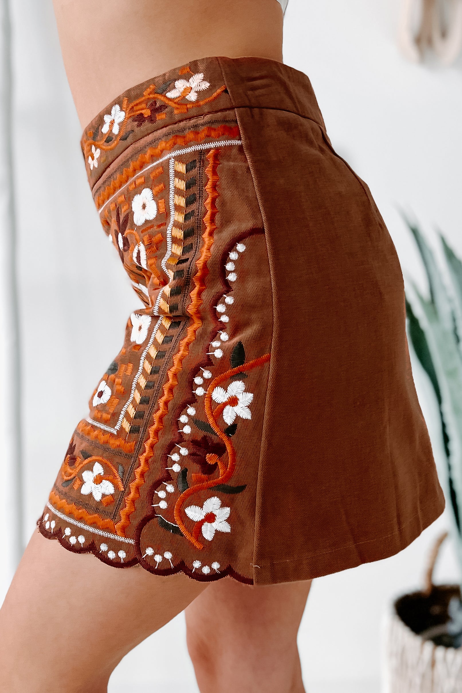 Embroidered Beauty Floral Embroidered Mini Skirt (Brown)-The Formal Wear