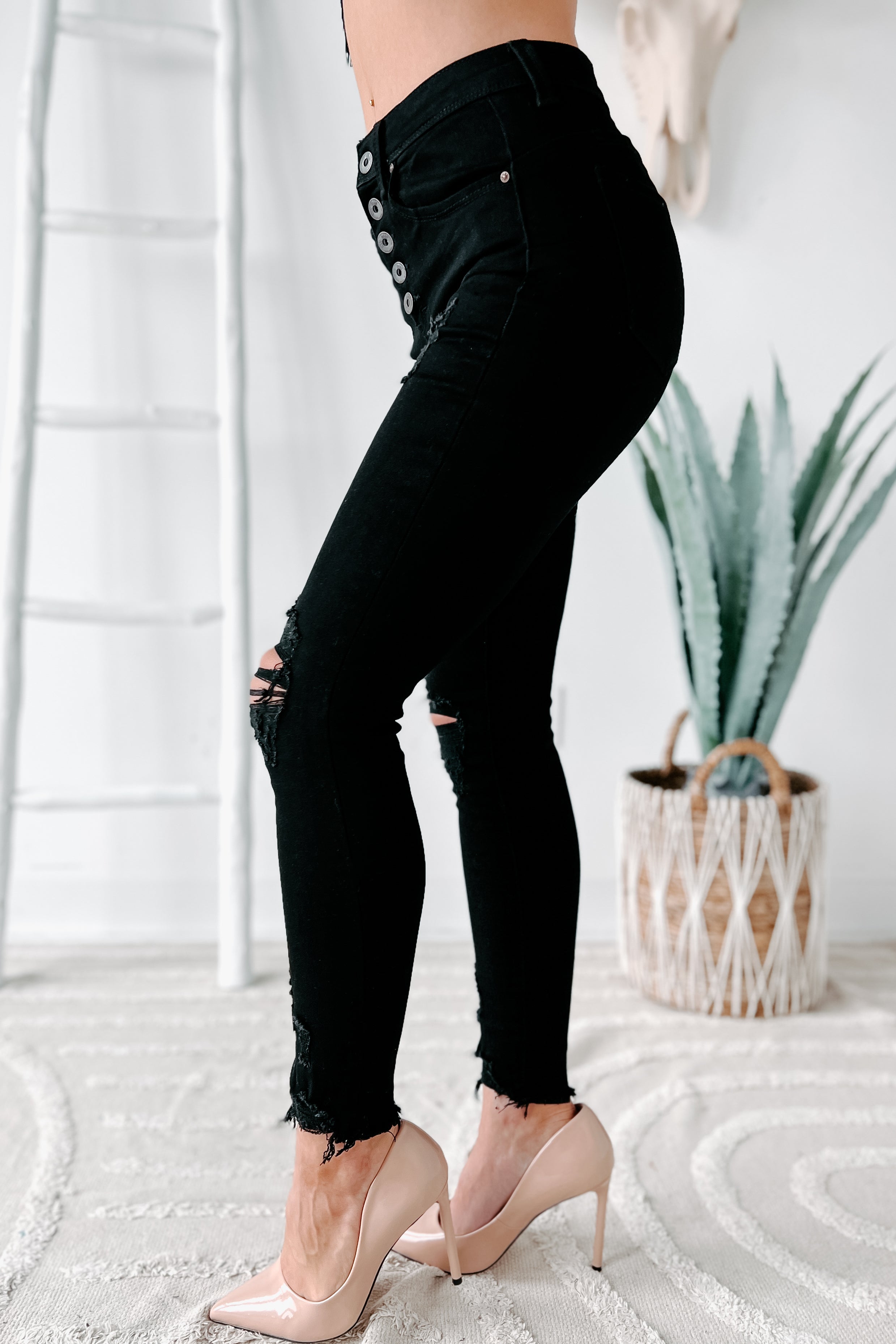 She's Bad High Rise Button-Fly Distressed Skinny Jeans (Black)-The Formal Wear