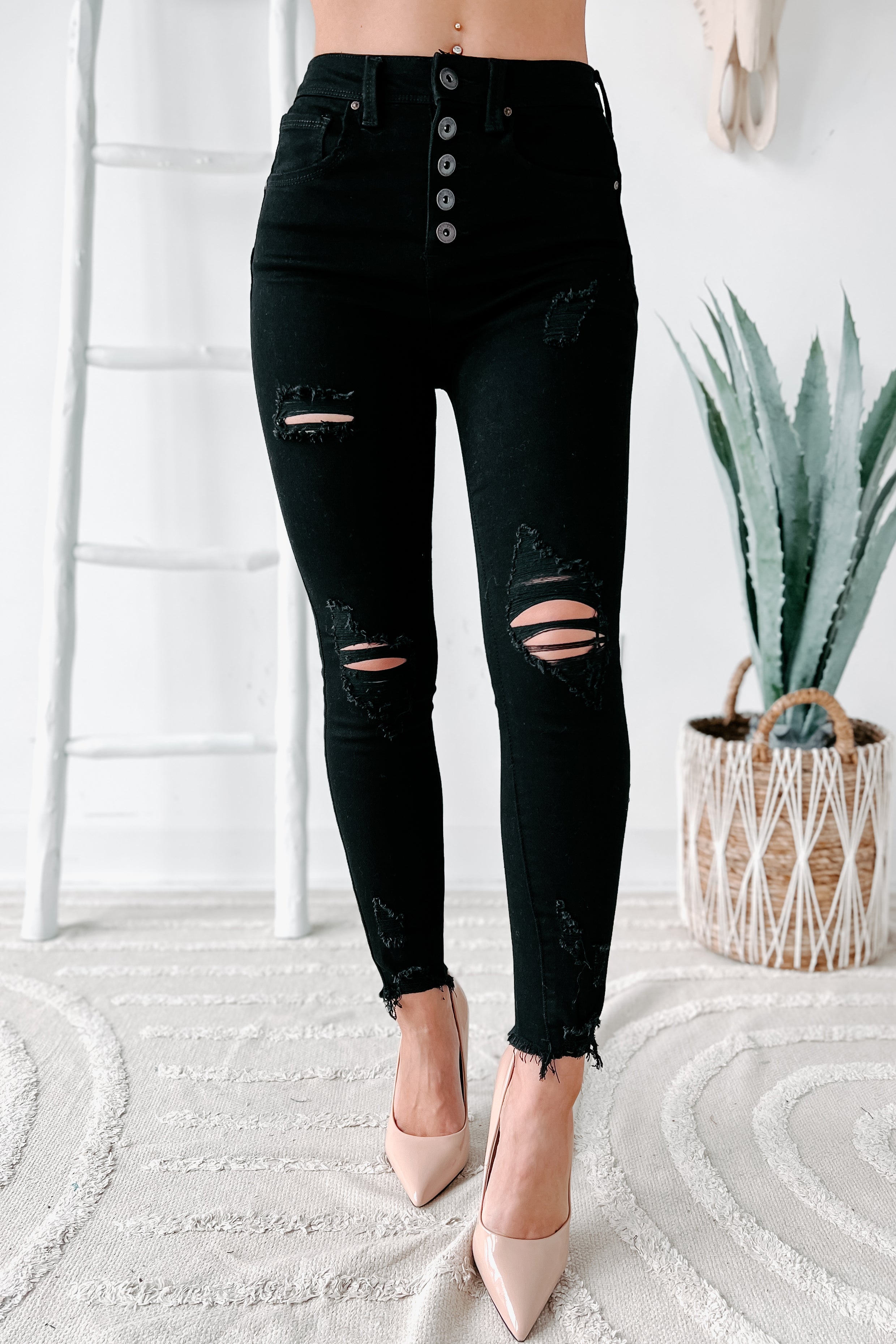 She's Bad High Rise Button-Fly Distressed Skinny Jeans (Black)-The Formal Wear