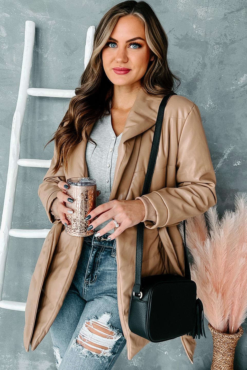 Never Average Belted Faux Leather Coat (Tan)-The Formal Wear