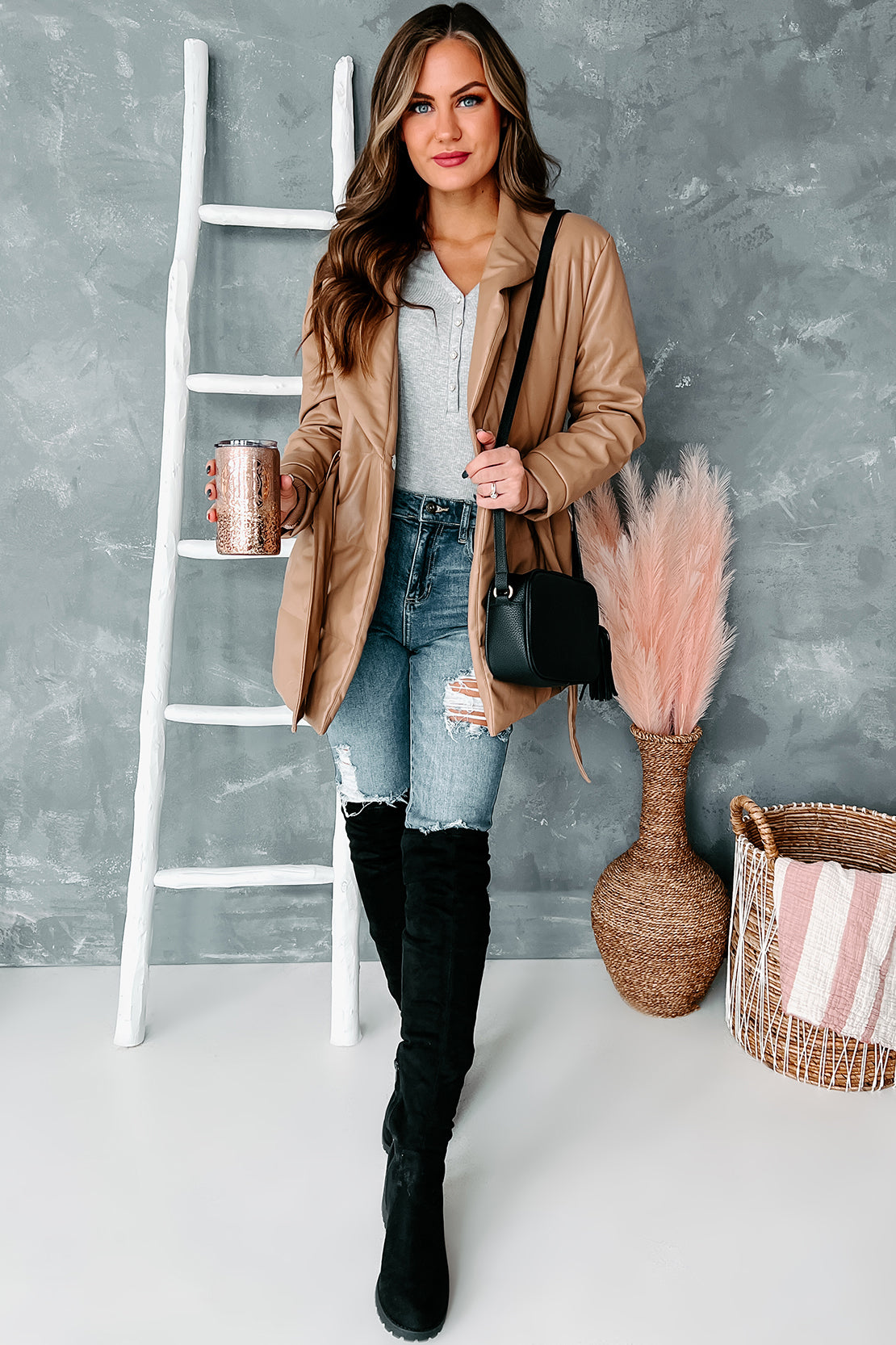 Never Average Belted Faux Leather Coat (Tan)-The Formal Wear