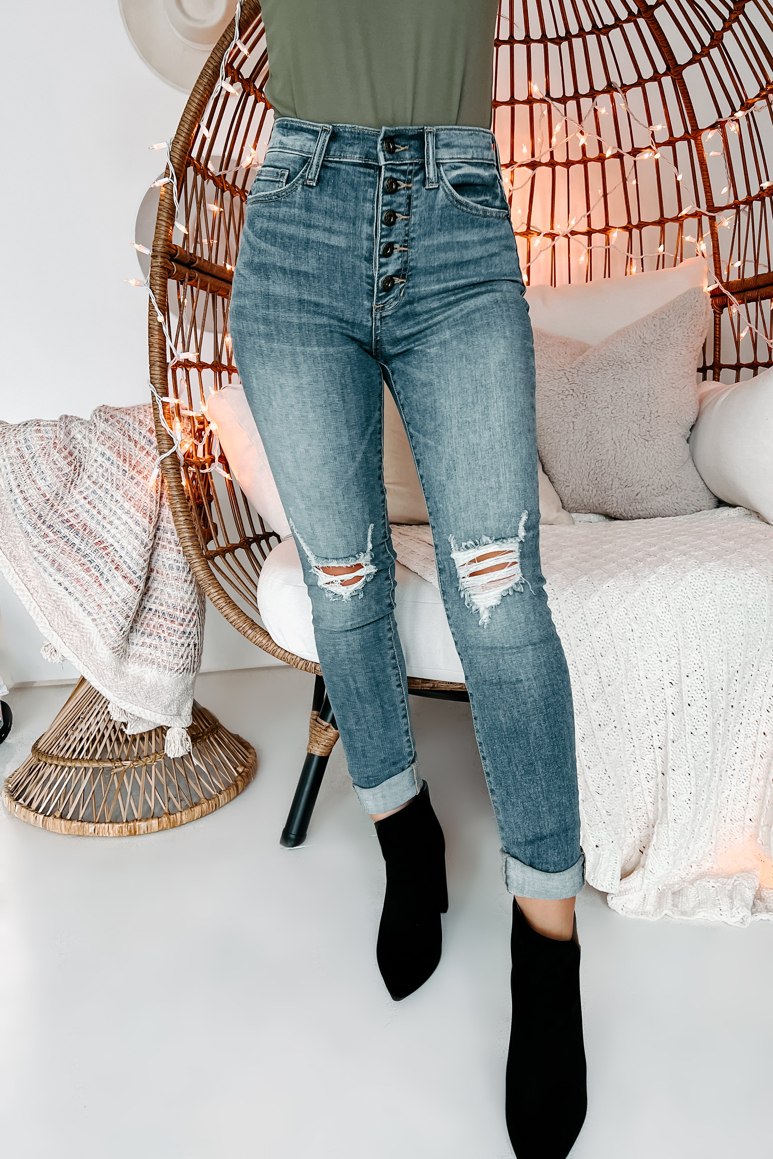 At Some Point Sneak Peek High-Rise 5-Button Distressed Skinny Jeans (Medium Light)-The Formal Wear