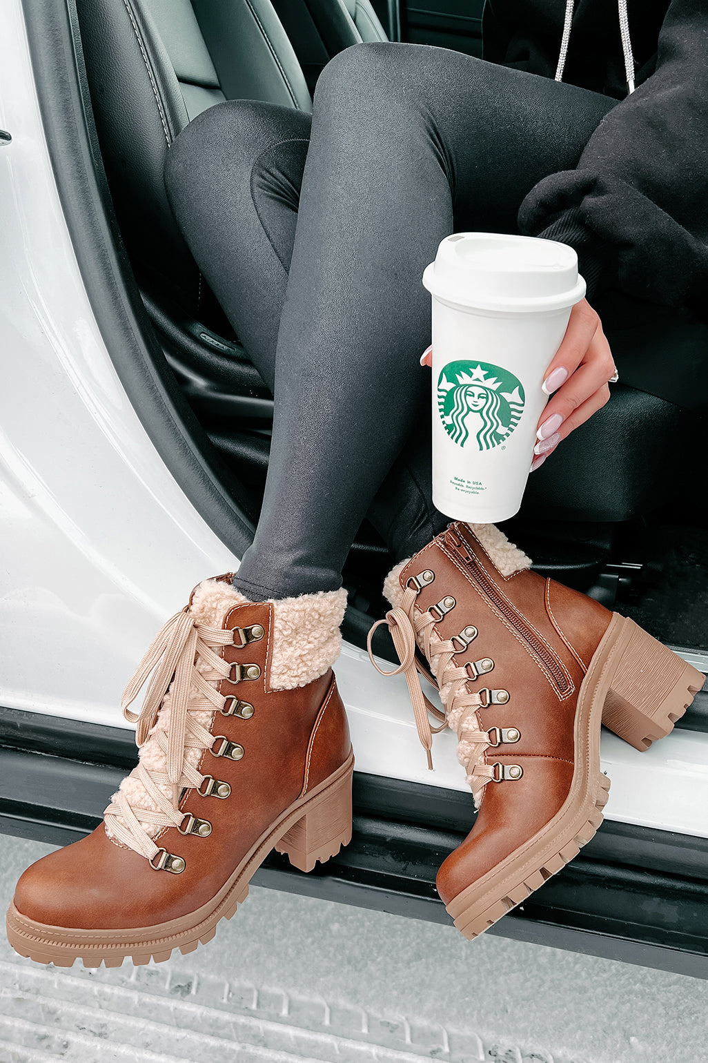 Snow Seeker Sherpa Trim Lace-Up Booties (Brown)-The Formal Wear