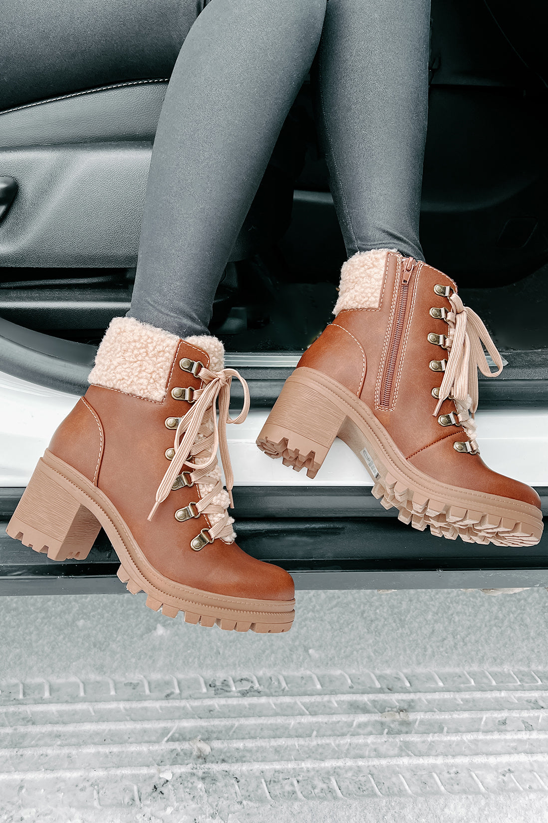 Snow Seeker Sherpa Trim Lace-Up Booties (Brown)-The Formal Wear