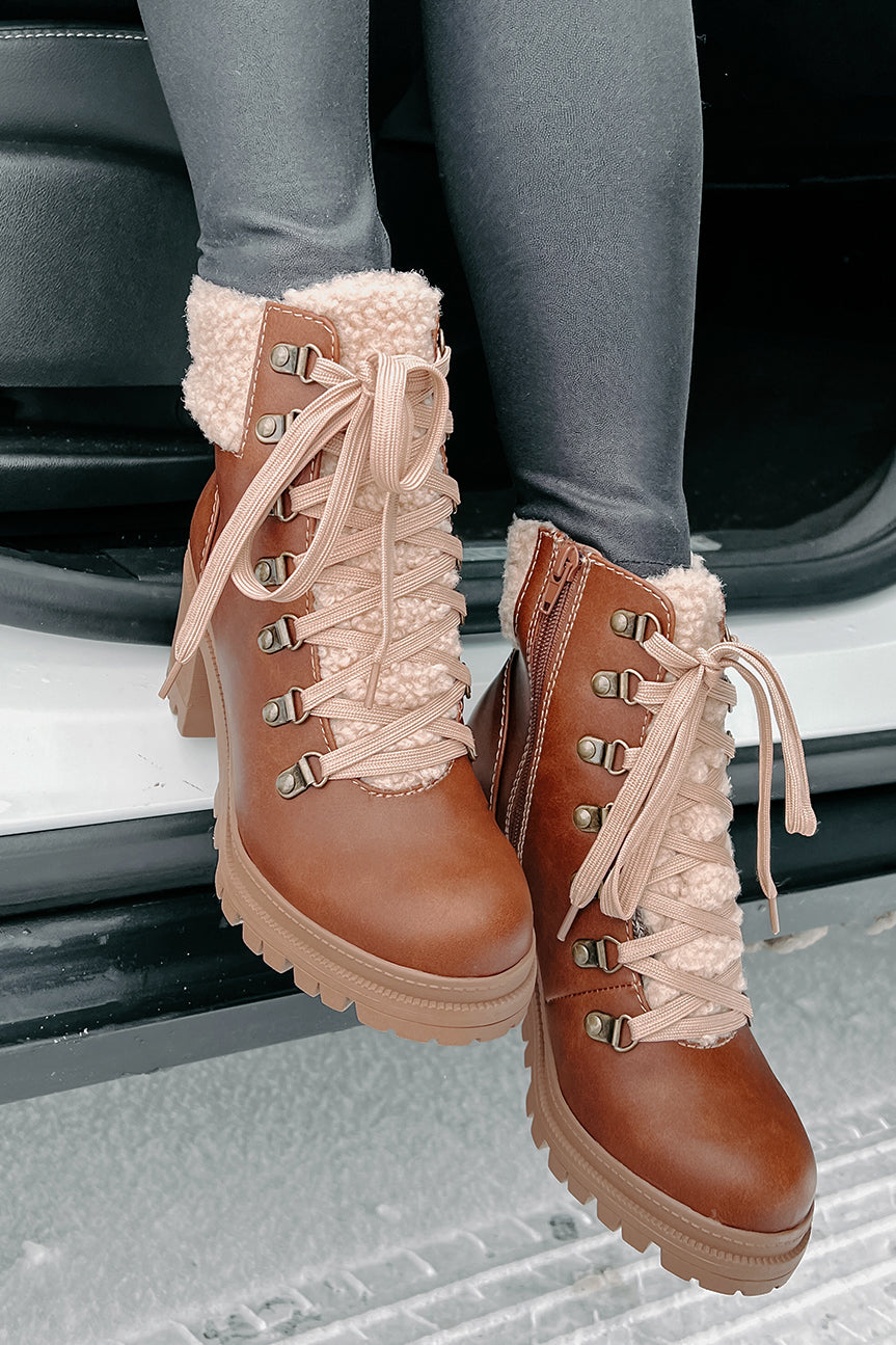 Snow Seeker Sherpa Trim Lace-Up Booties (Brown)-The Formal Wear