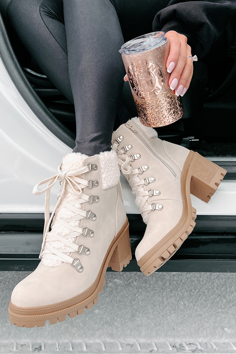 Snow Seeker Sherpa Trim Lace-Up Booties (Sand)-The Formal Wear