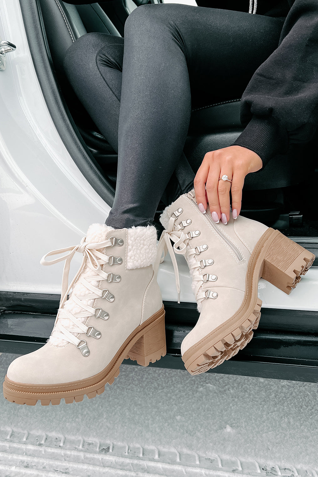 Snow Seeker Sherpa Trim Lace-Up Booties (Sand)-The Formal Wear