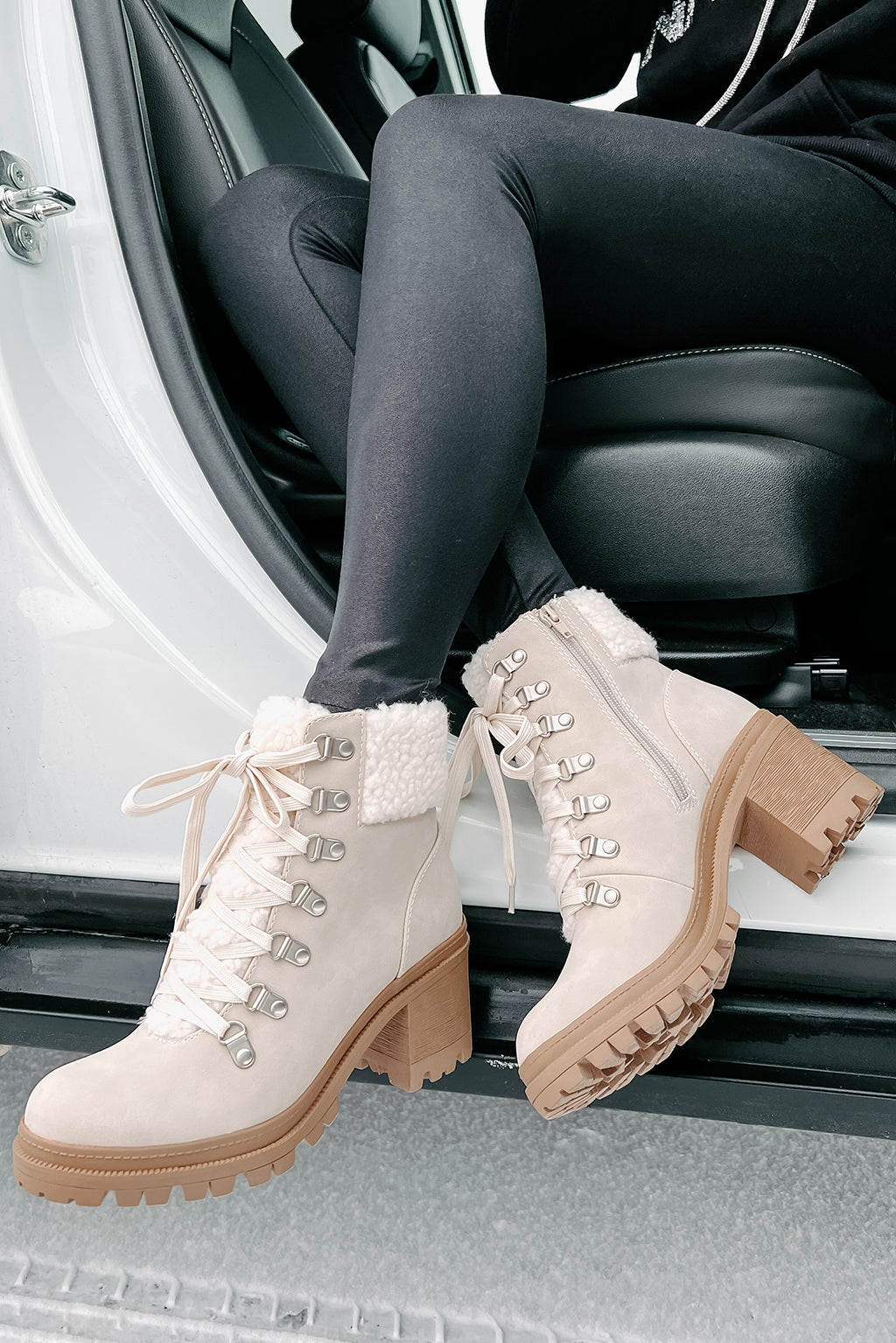 Snow Seeker Sherpa Trim Lace-Up Booties (Sand)-The Formal Wear