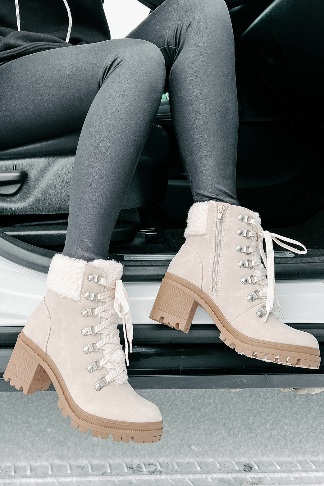 Snow Seeker Sherpa Trim Lace-Up Booties (Sand)-The Formal Wear