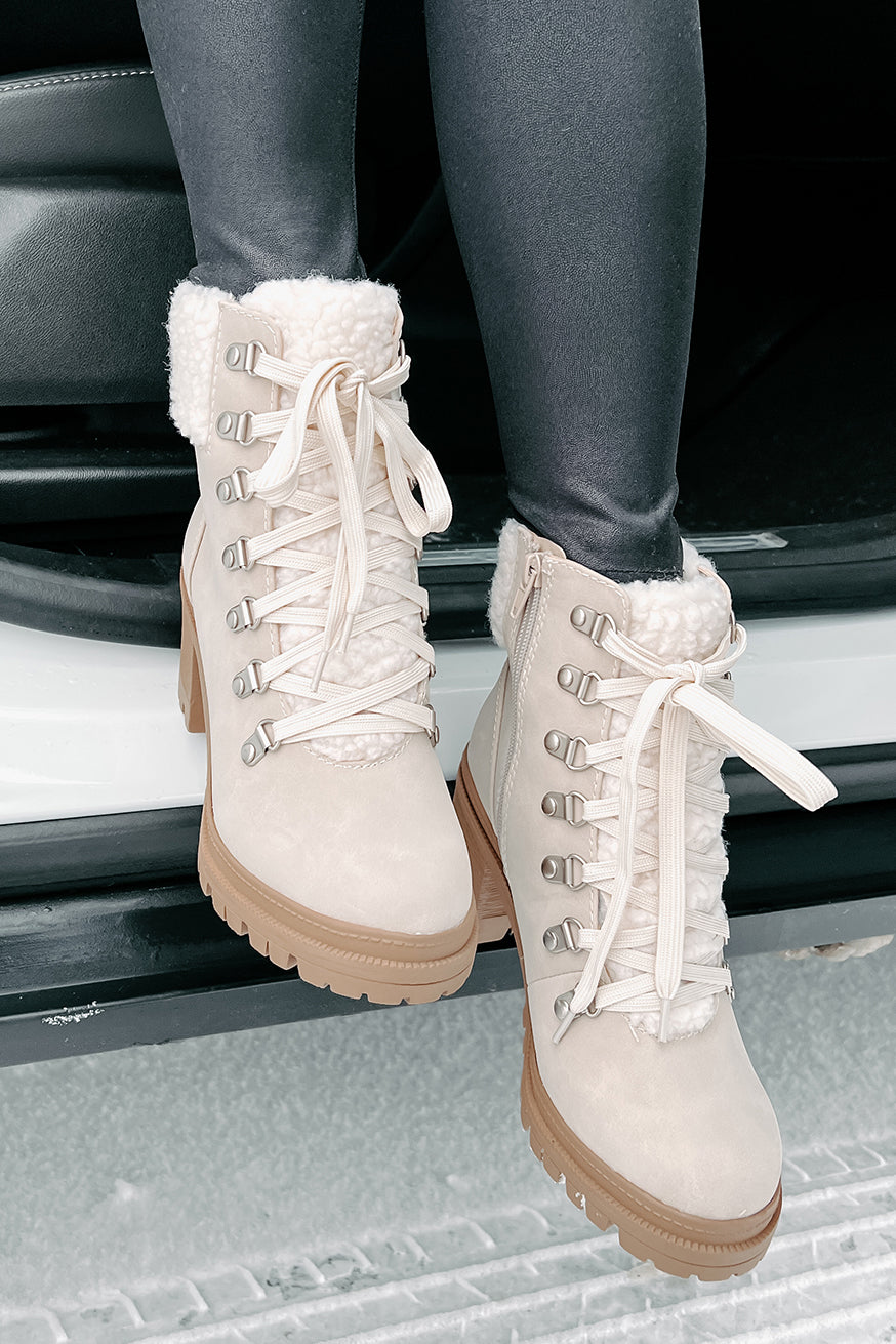 Snow Seeker Sherpa Trim Lace-Up Booties (Sand)-The Formal Wear