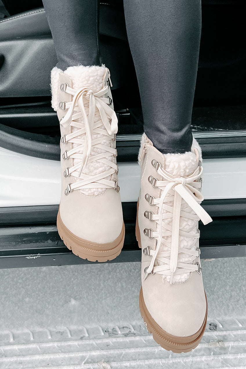 Snow Seeker Sherpa Trim Lace-Up Booties (Sand)-The Formal Wear