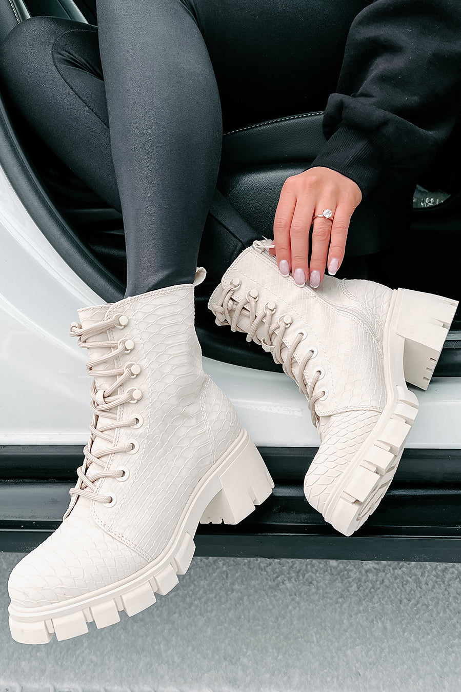 Cold Blooded Textured Snake Pattern Combat Booties (Ivory)-The Formal Wear