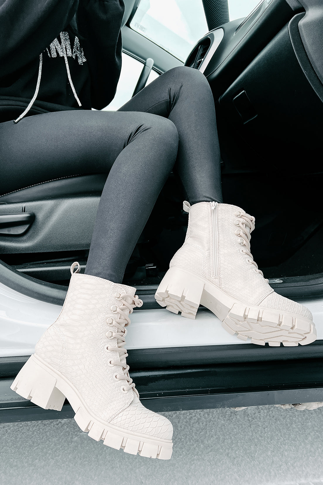 Cold Blooded Textured Snake Pattern Combat Booties (Ivory)-The Formal Wear