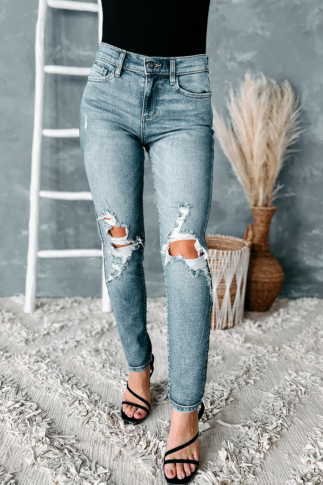 Breanna Distressed Mid Rise Sneak Peek Jeans (Medium Dark)-The Formal Wear
