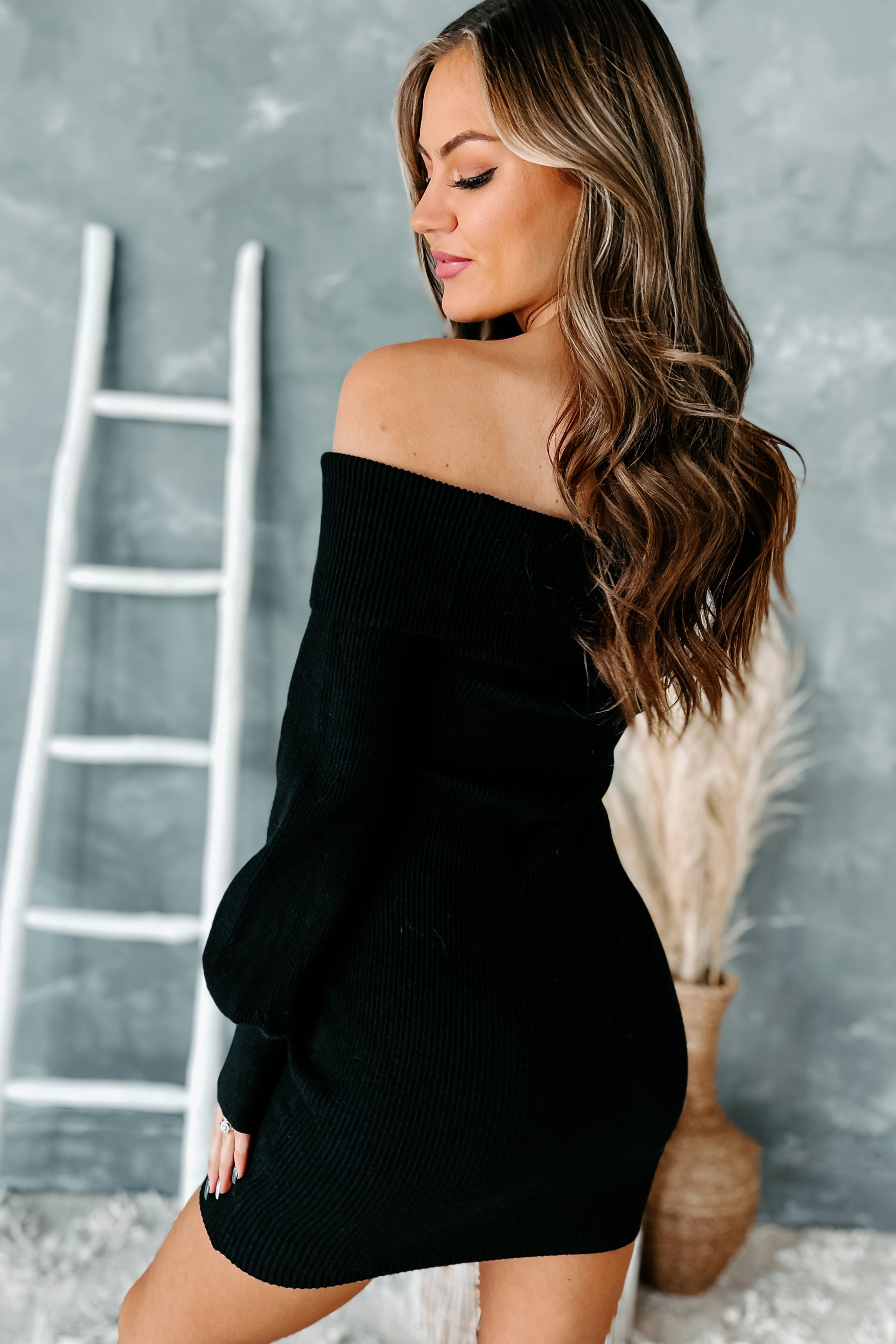 Ready For Tonight Off The Shoulder Ribbed Sweater Dress (Black)-The Formal Wear