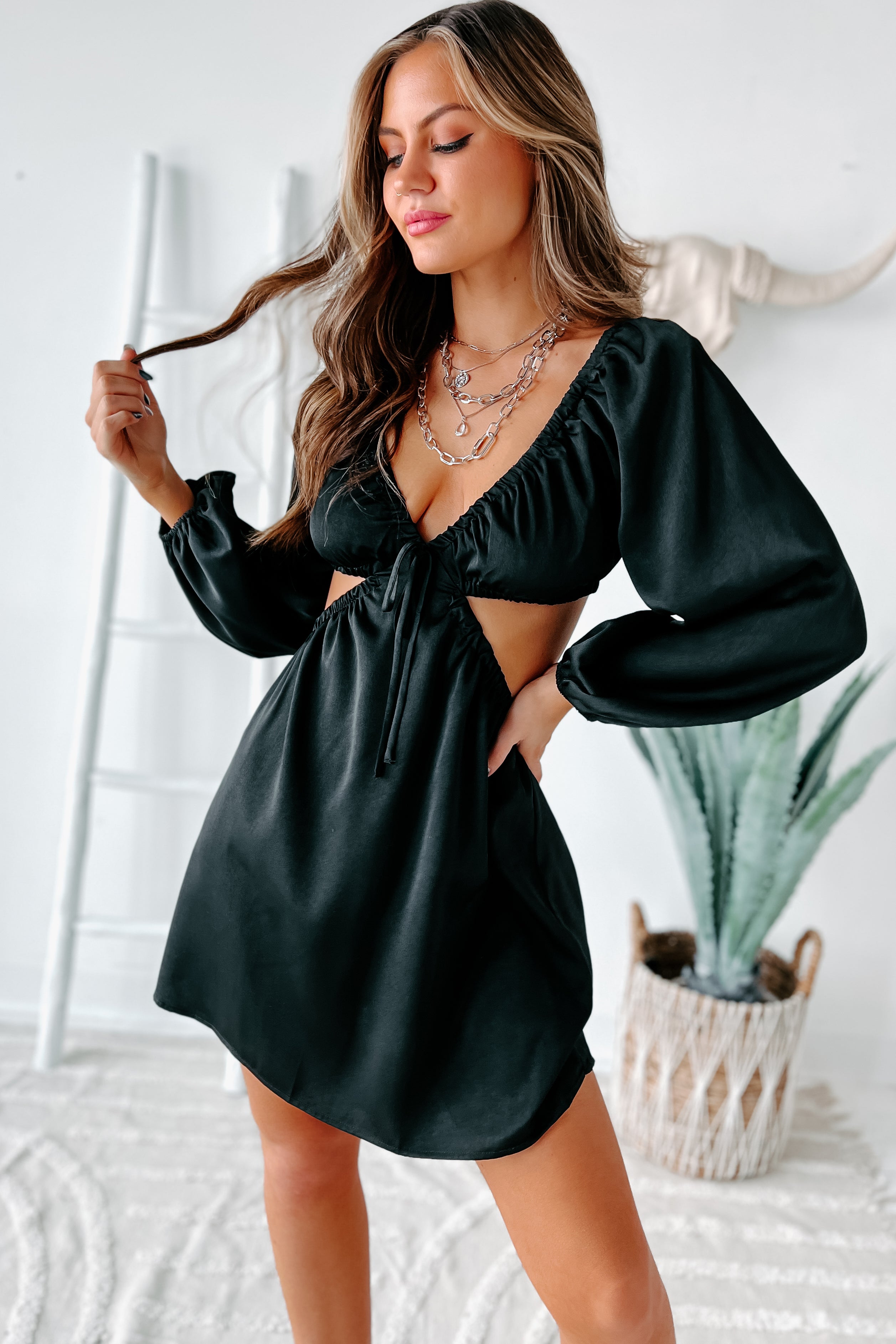 Break The Rules Satin Cut-Out Dress (Black)-The Formal Wear