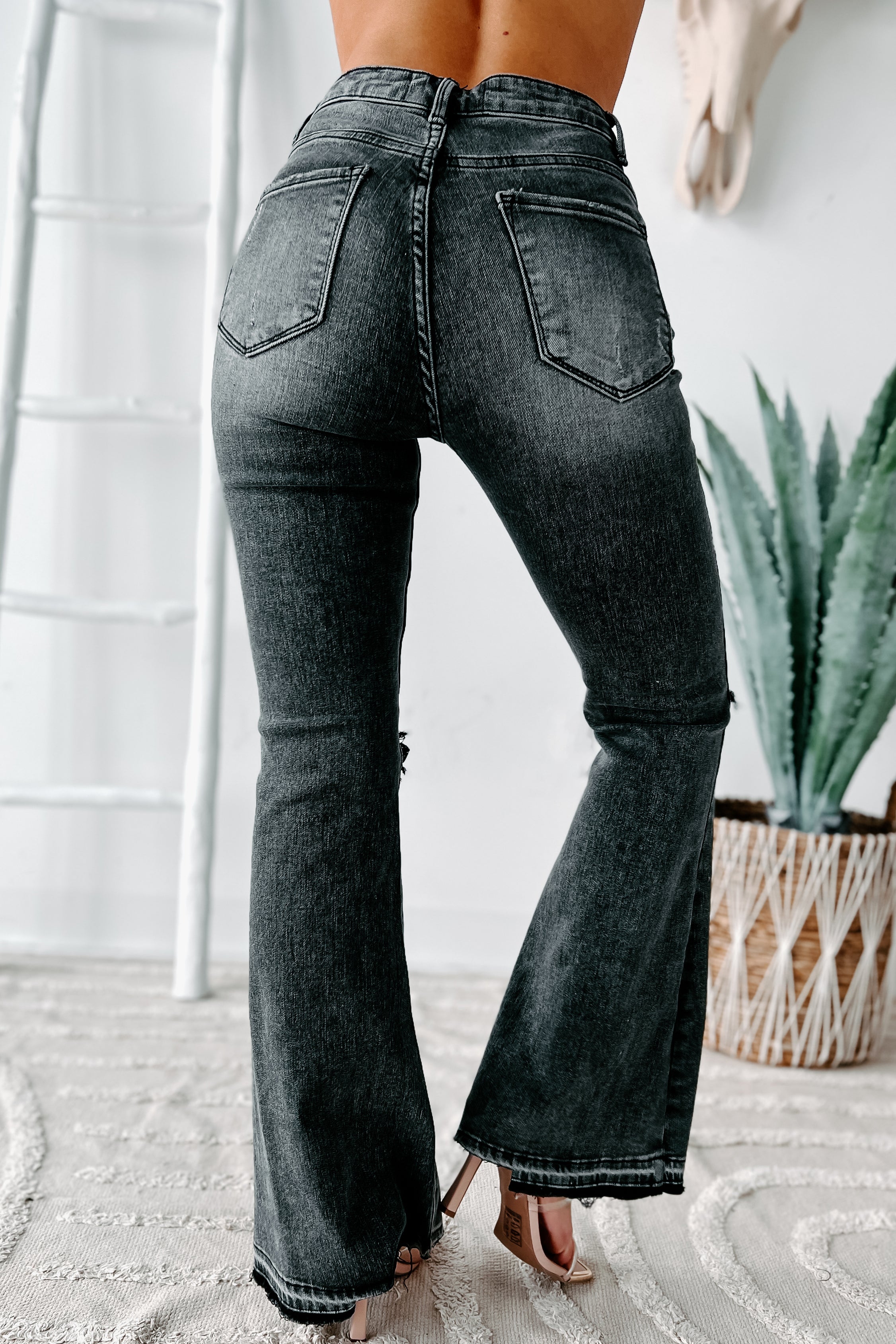 Nessa High Rise Distressed Risen Flare Jeans (Black)-The Formal Wear