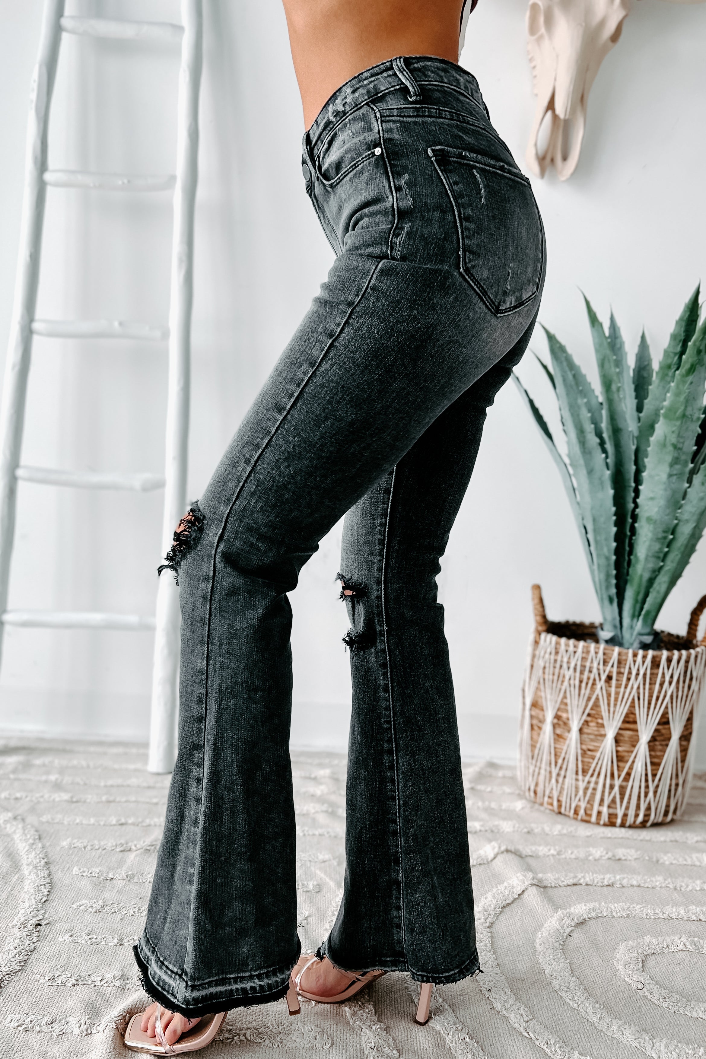 Nessa High Rise Distressed Risen Flare Jeans (Black)-The Formal Wear
