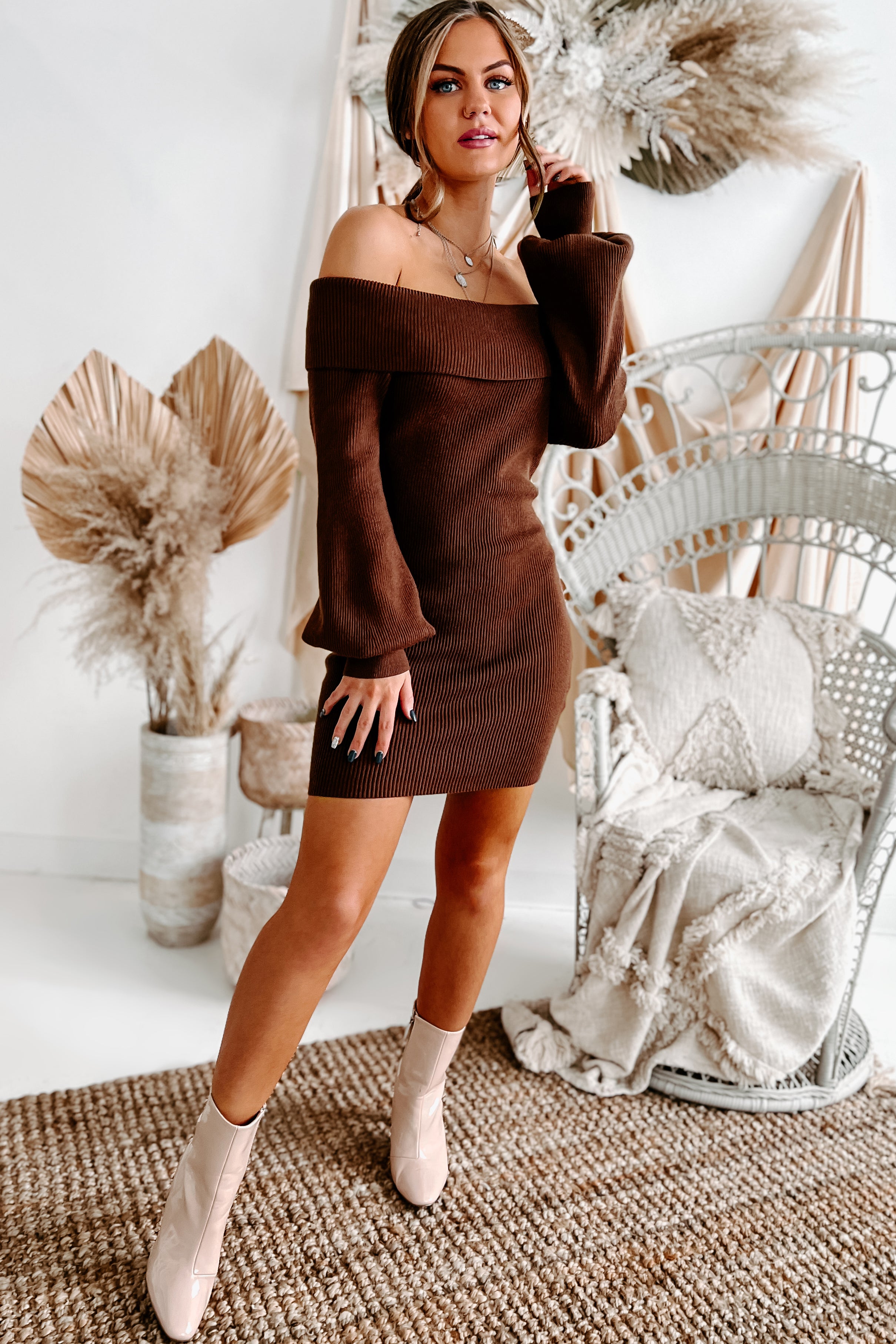 Ready For Tonight Off The Shoulder Ribbed Sweater Dress (Brown)-The Formal Wear