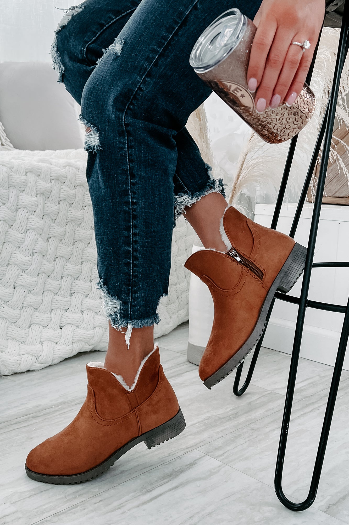 Faelyn Faux Suede Fur Lined Booties (Tan)-The Formal Wear