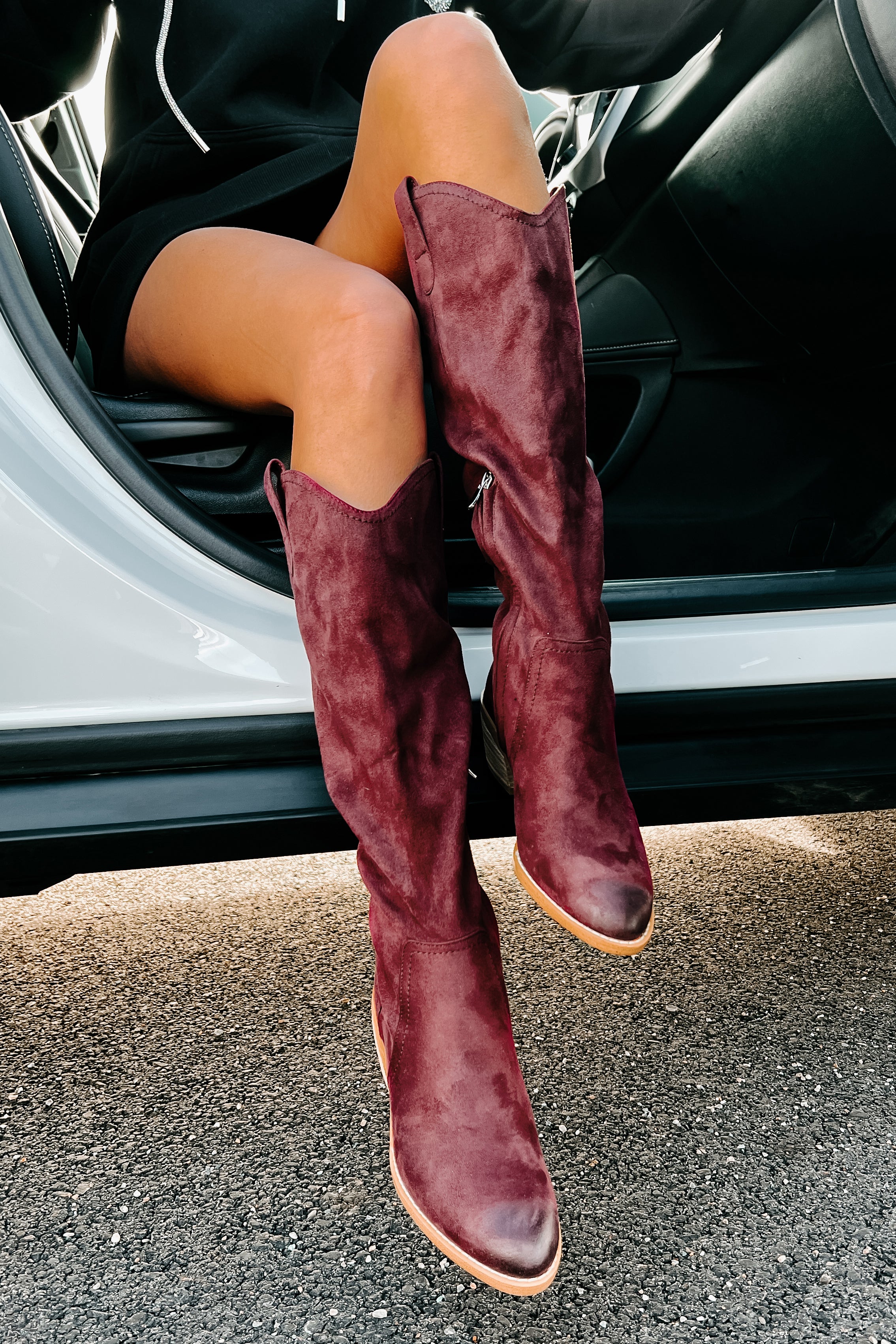 Adalee Faux Suede Knee High Boots (Burgundy)-The Formal Wear