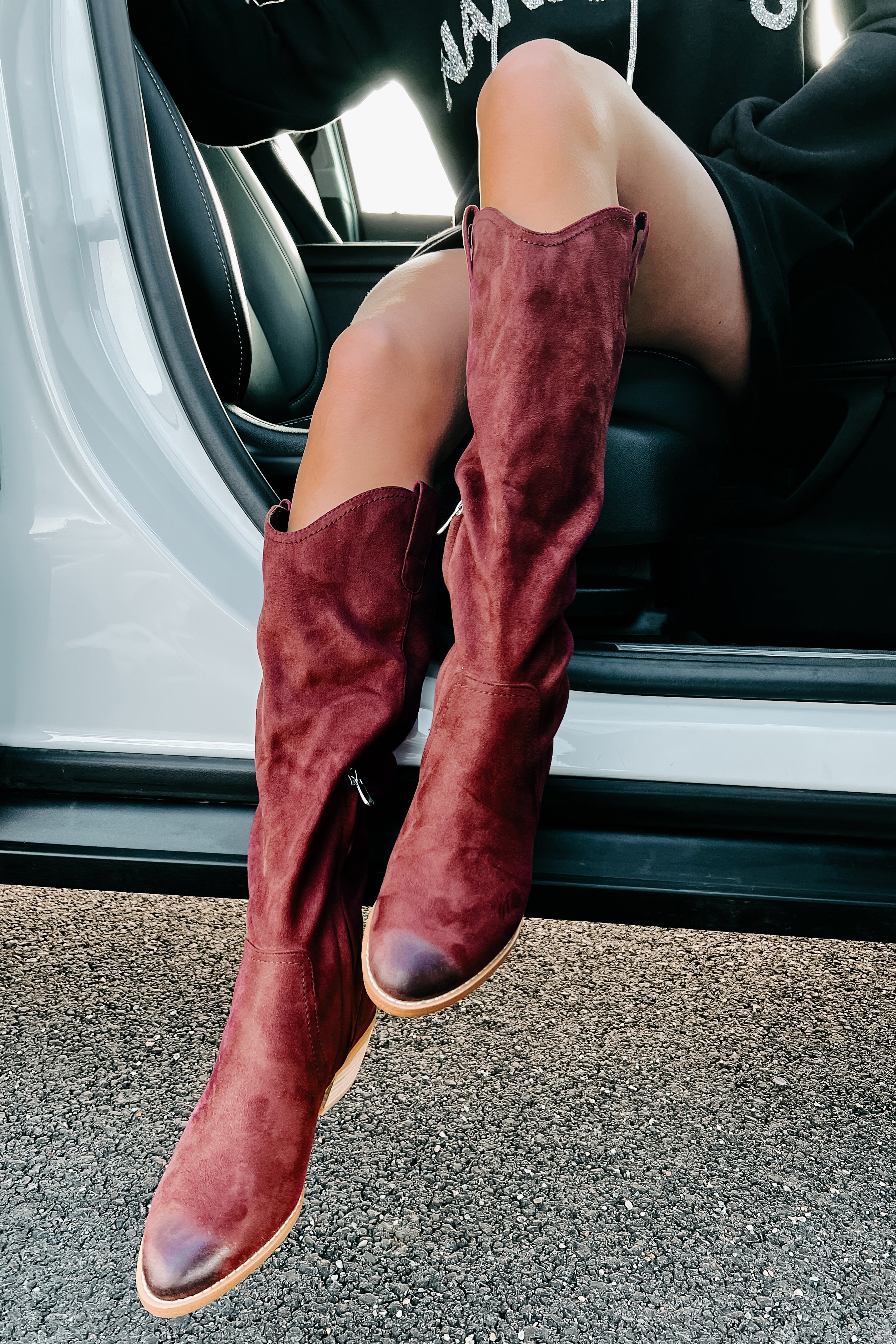 Adalee Faux Suede Knee High Boots (Burgundy)-The Formal Wear