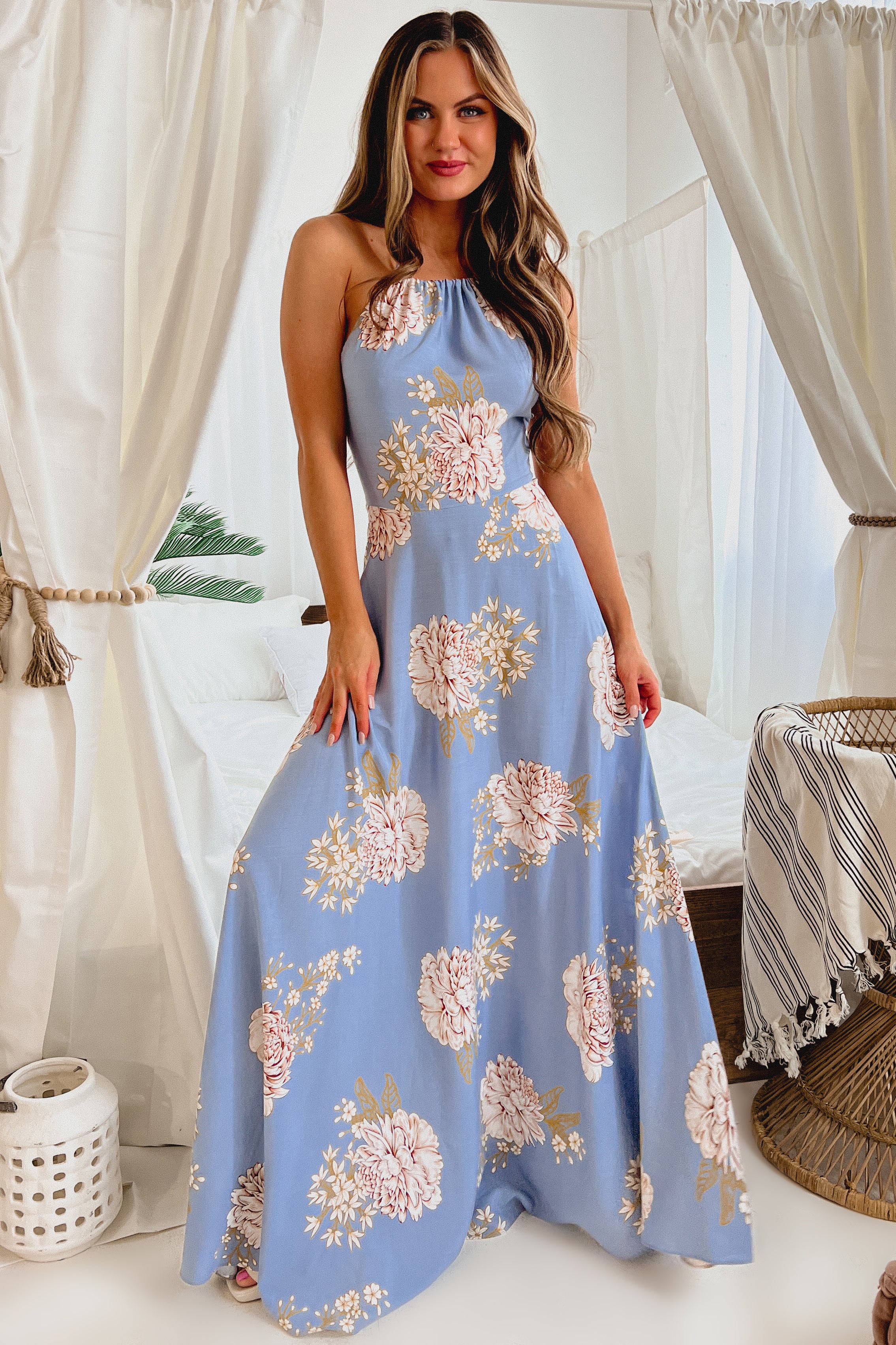 Changing Perspective Floral Halter Maxi Dress (Dusty Blue/Multi)-The Formal Wear