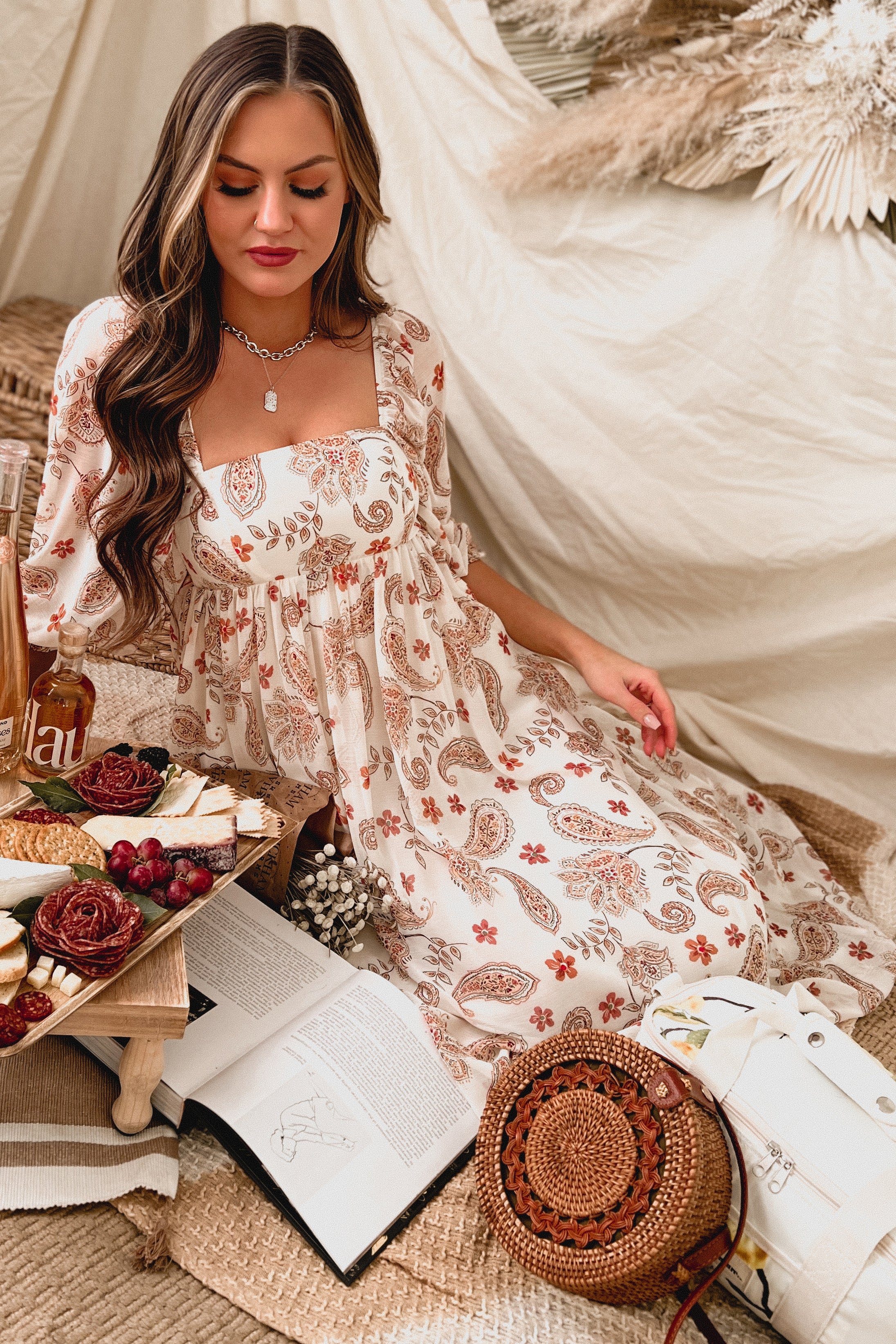 Country Drives Paisley Print Maxi Dress (Ivory Multi)-The Formal Wear