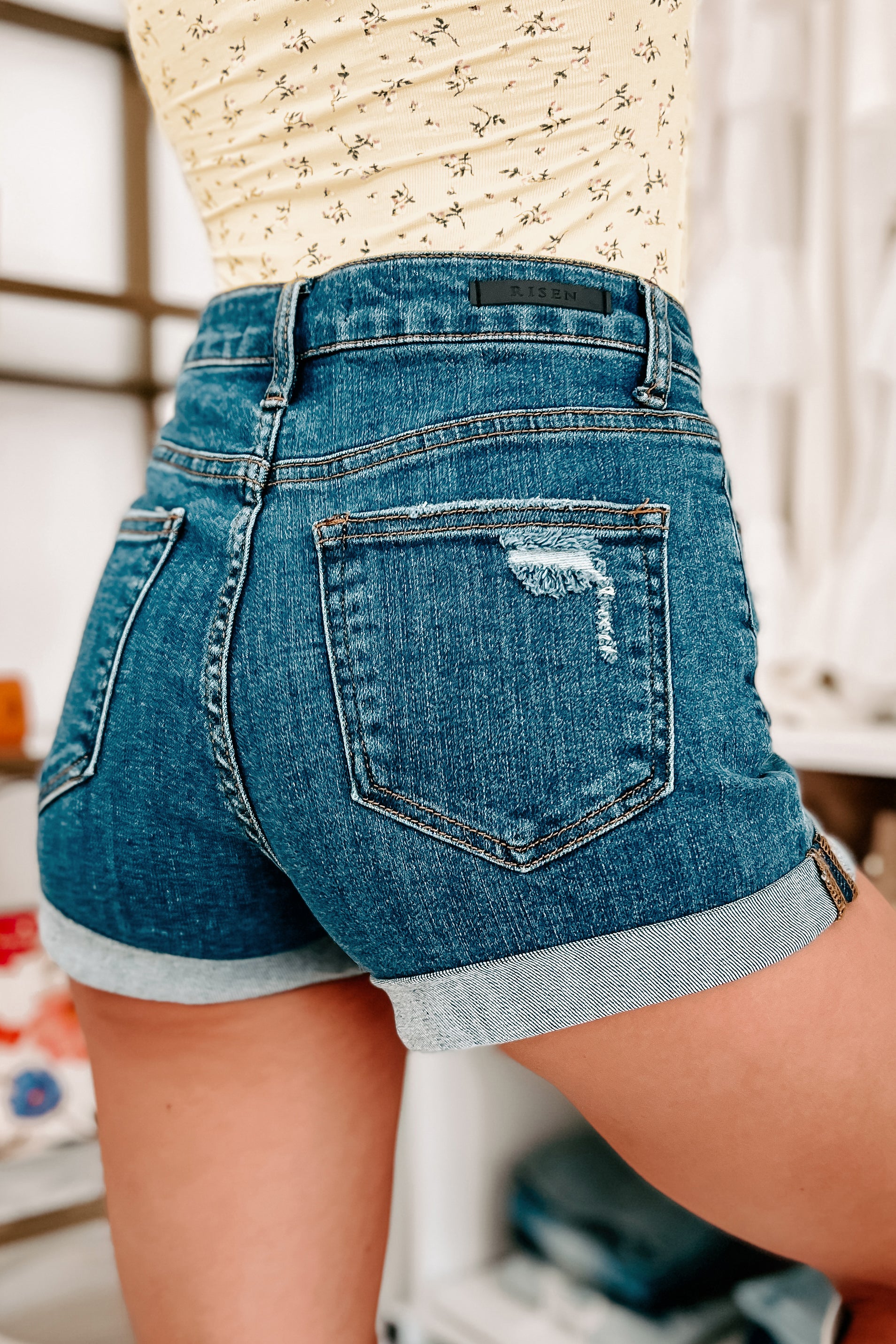 Around Town High Rise Button-Fly Rolled Hem Shorts (Dark)-The Formal Wear