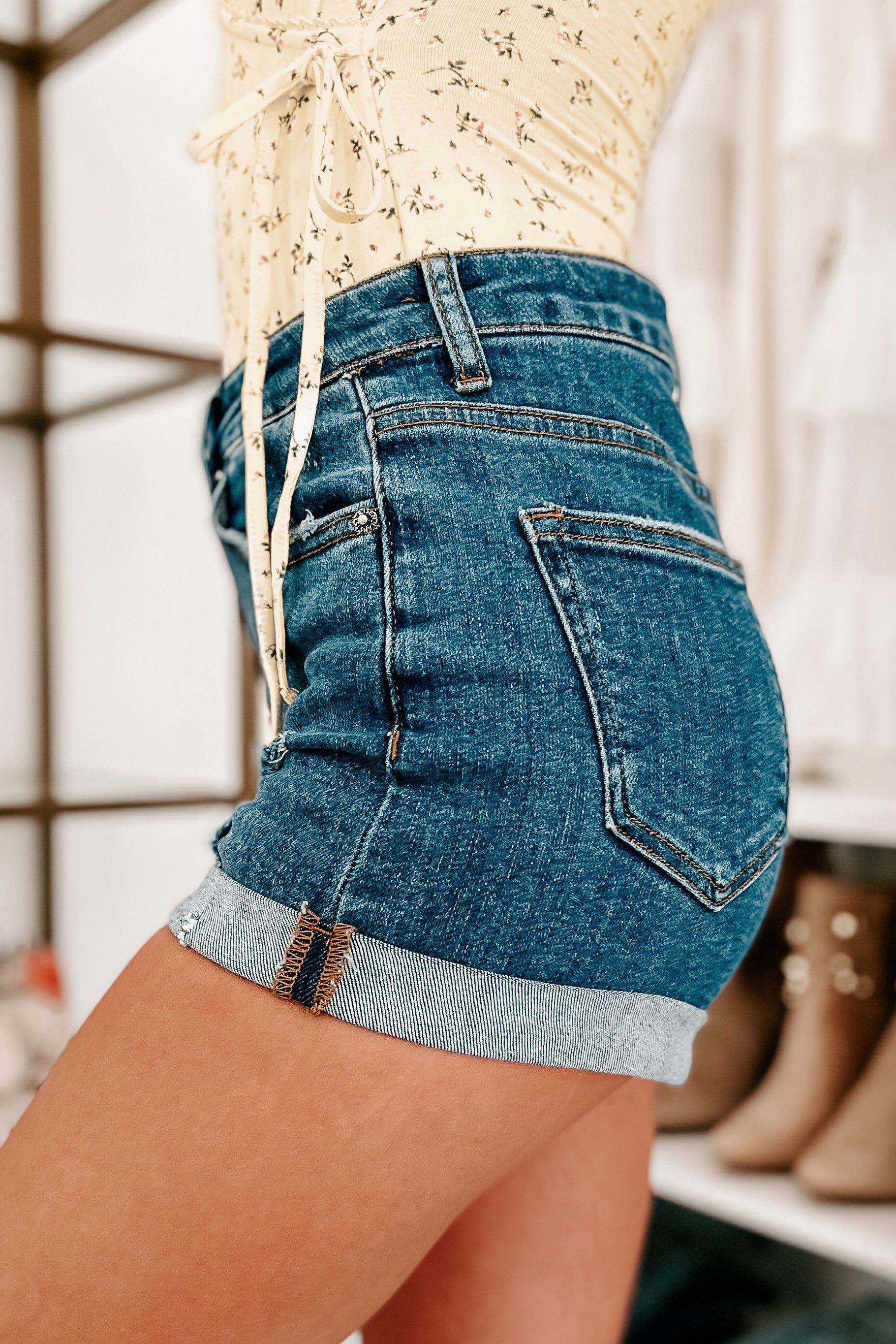 Around Town High Rise Button-Fly Rolled Hem Shorts (Dark)-The Formal Wear