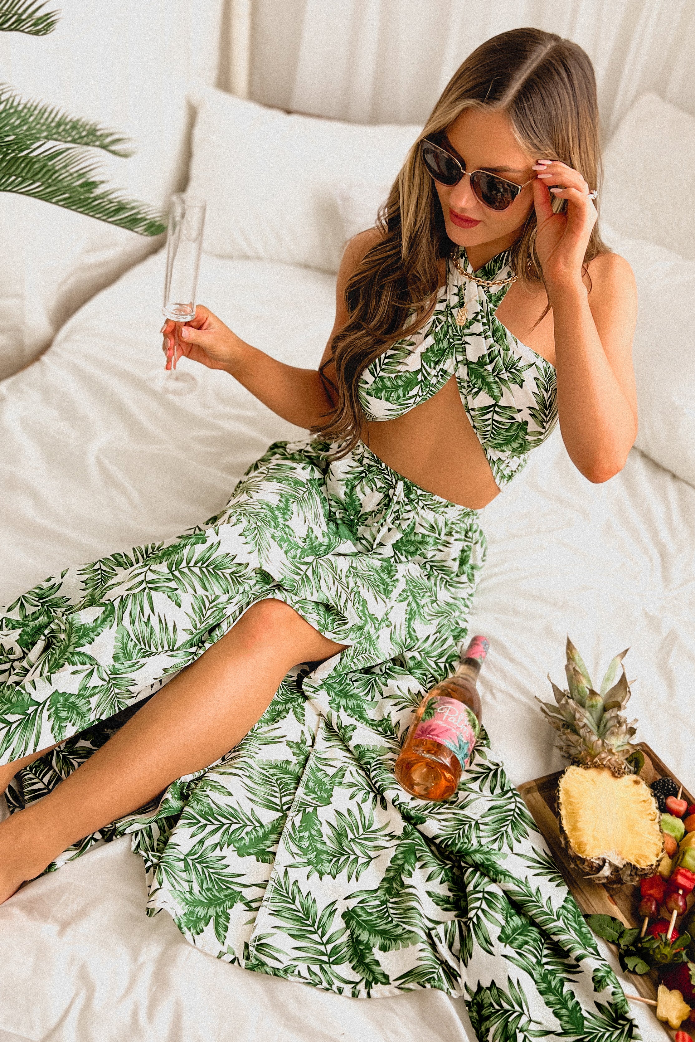 Trip To The Tropics Palm Print Two Piece Set (White/Green)-The Formal Wear