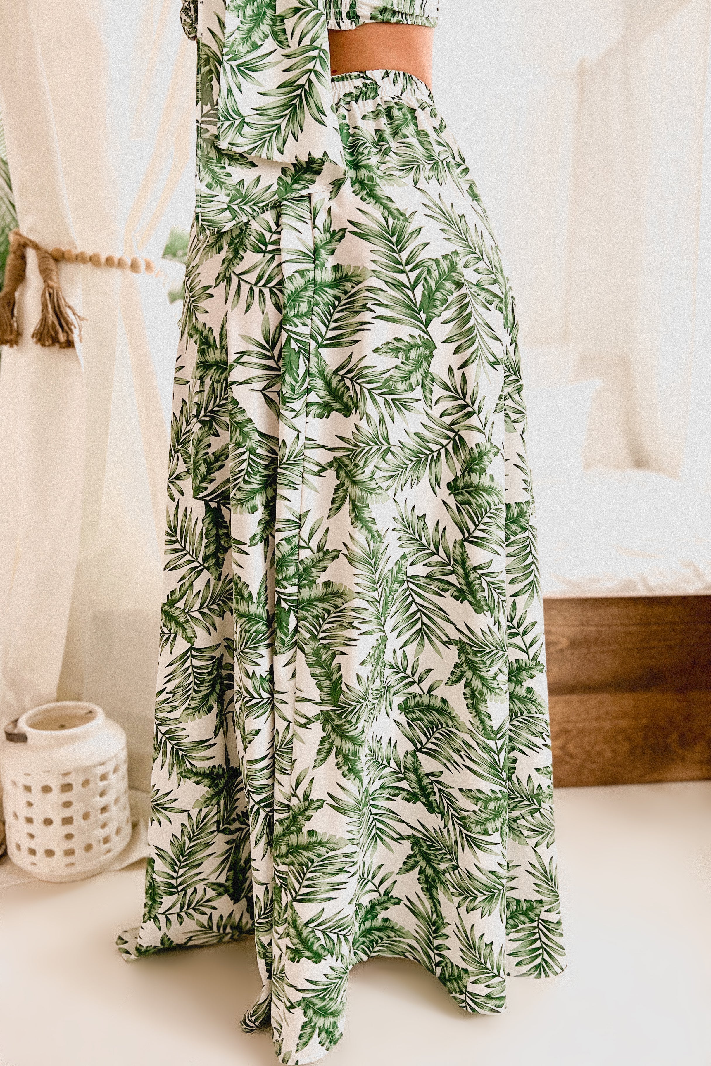 Trip To The Tropics Palm Print Two Piece Set (White/Green)-The Formal Wear