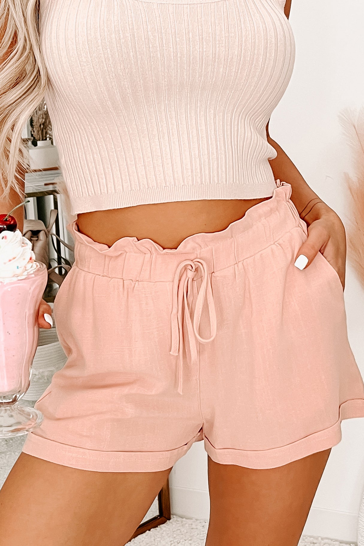 Taking On Today Linen Paperbag Waist Shorts (Dusty Pink)-The Formal Wear