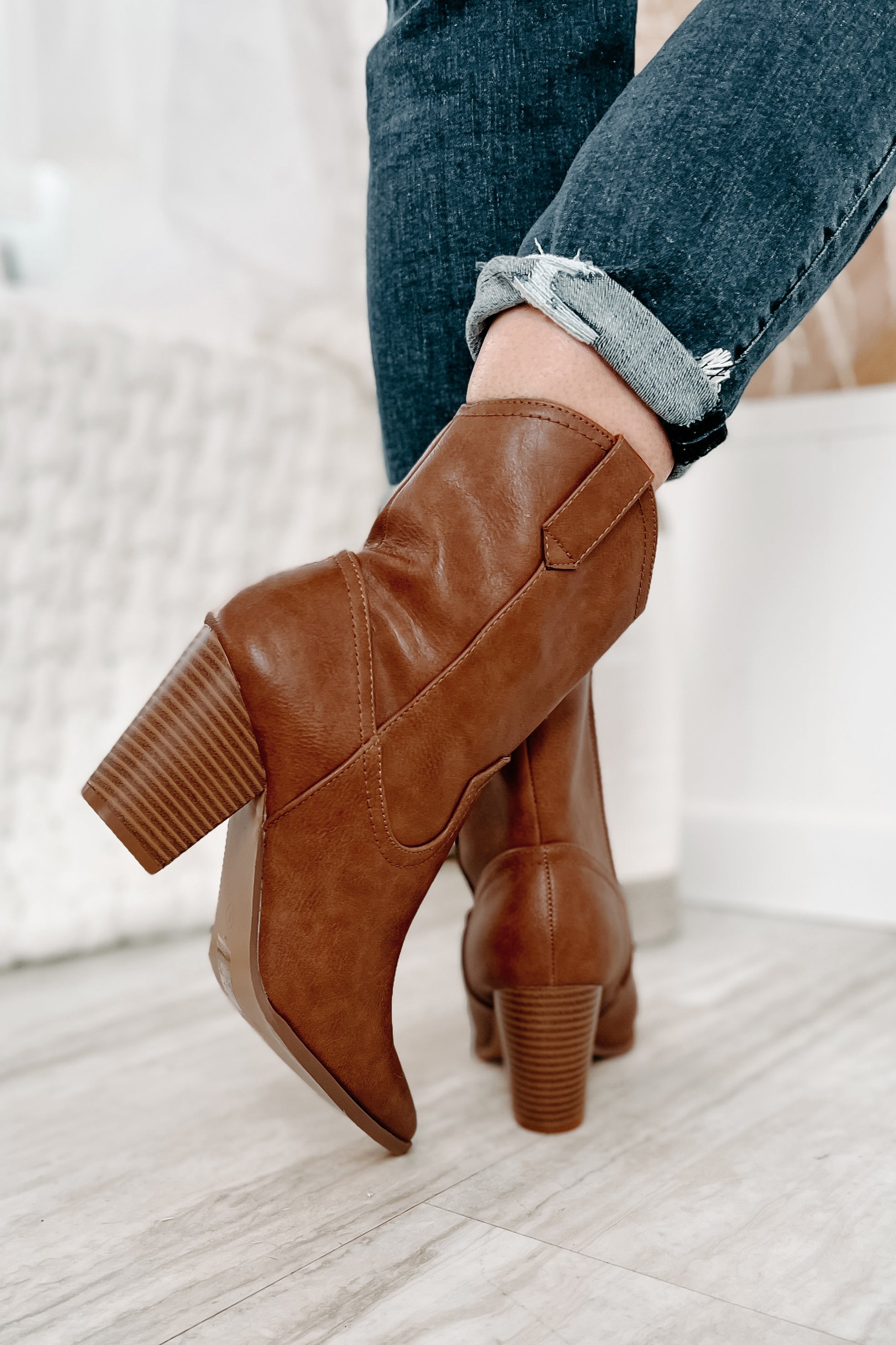 Musical Nights Faux Leather Pointed Toe Western Boots (Tan)-The Formal Wear