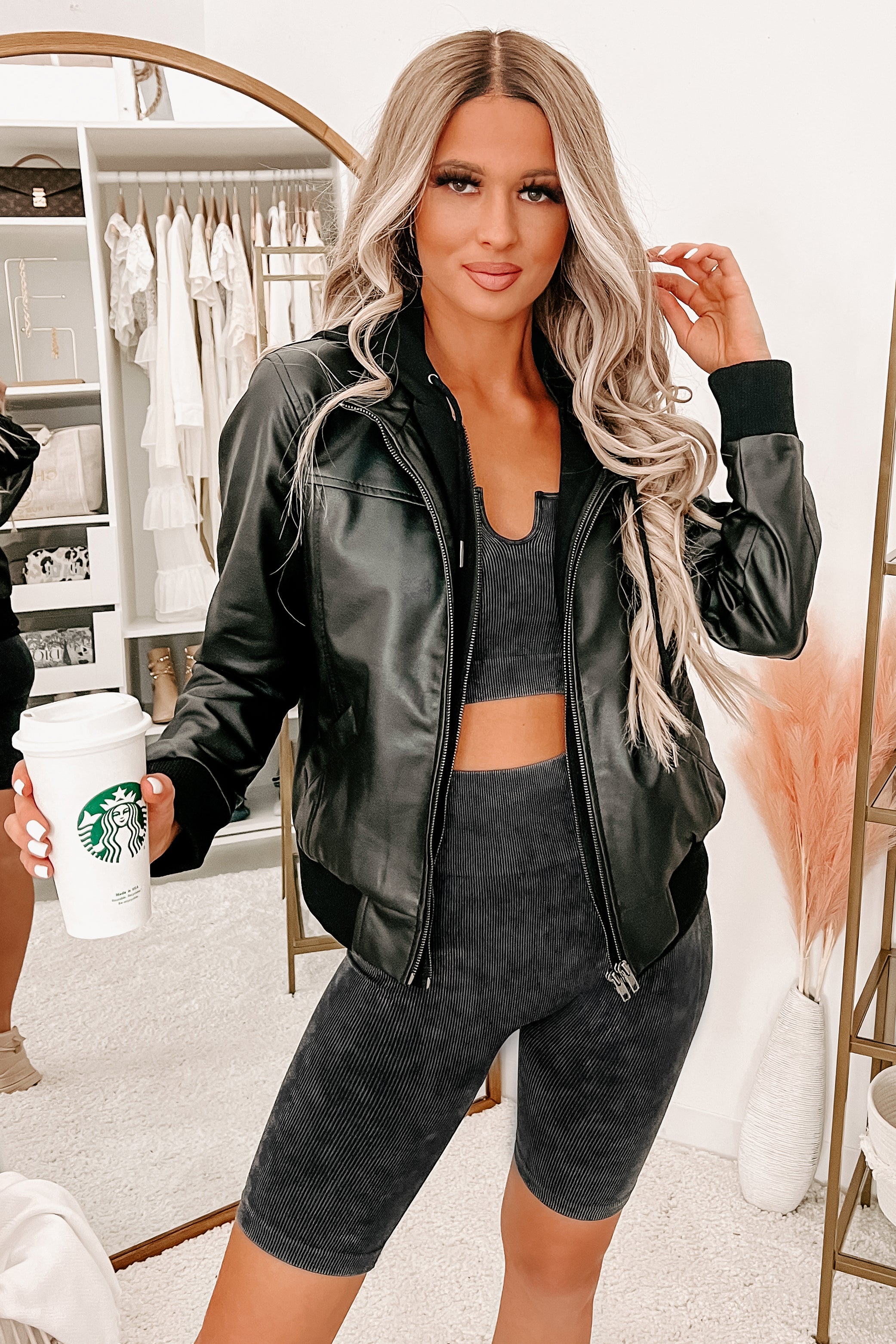 Aero Faux Leather Hooded Zip-Up Jacket (Black)-The Formal Wear