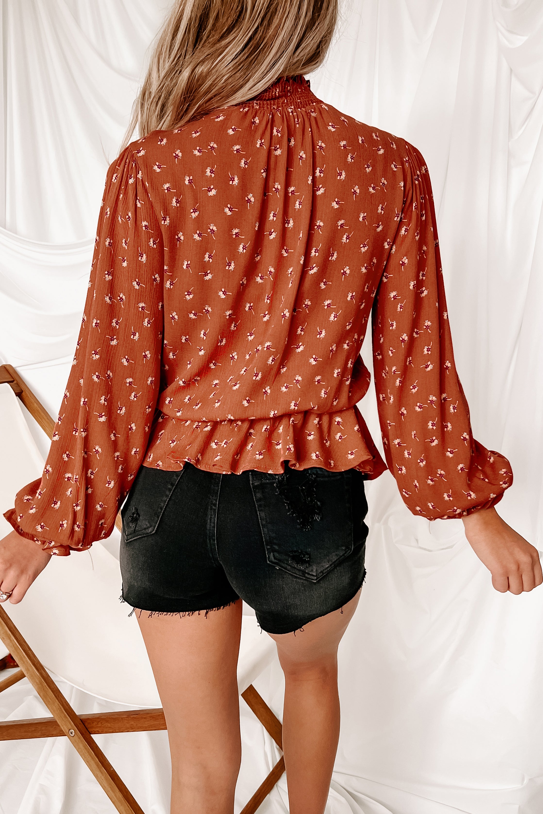 Beginning To Flourish High Neck Long Sleeve Top (Rust)-The Formal Wear
