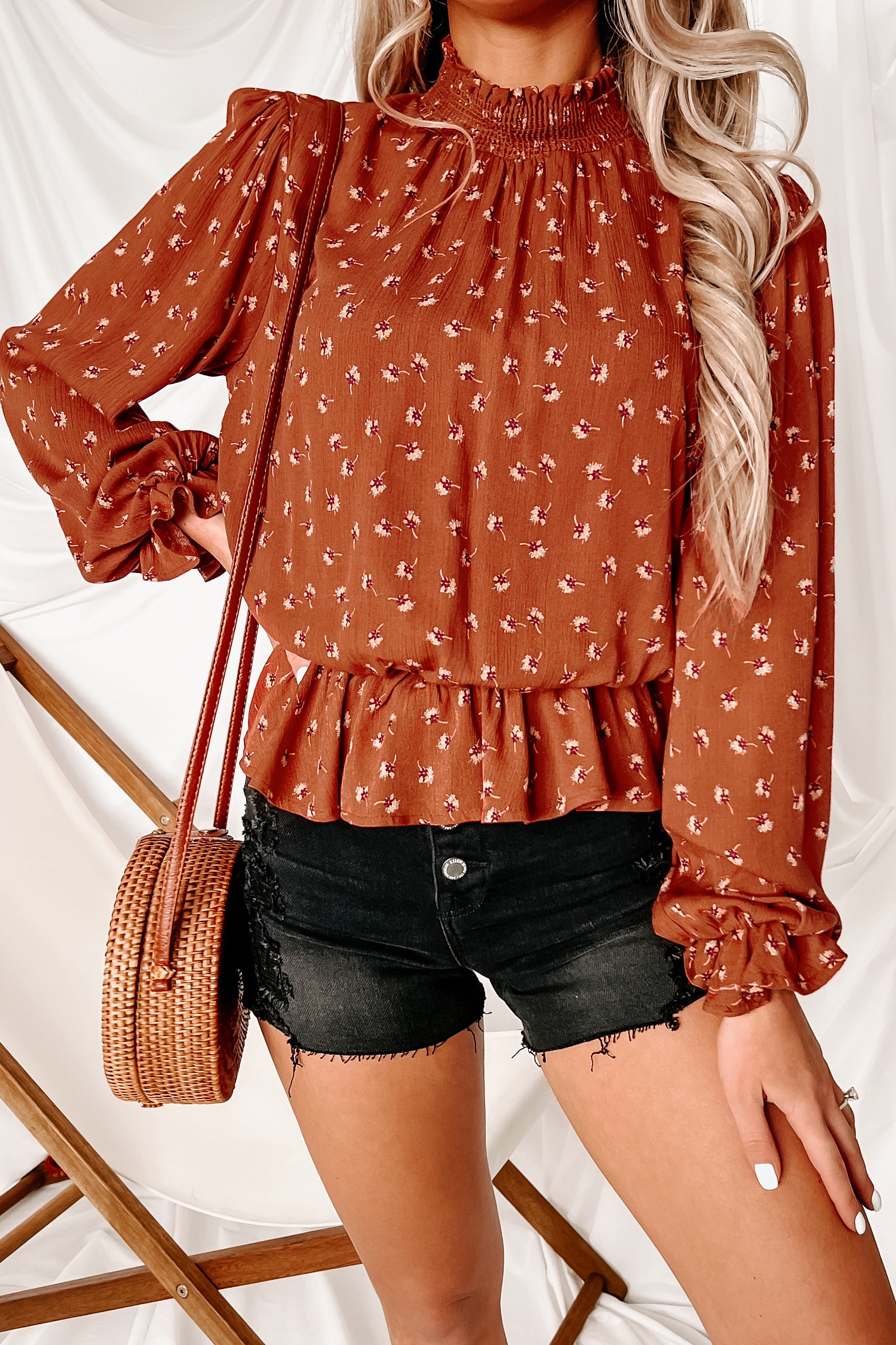 Beginning To Flourish High Neck Long Sleeve Top (Rust)-The Formal Wear