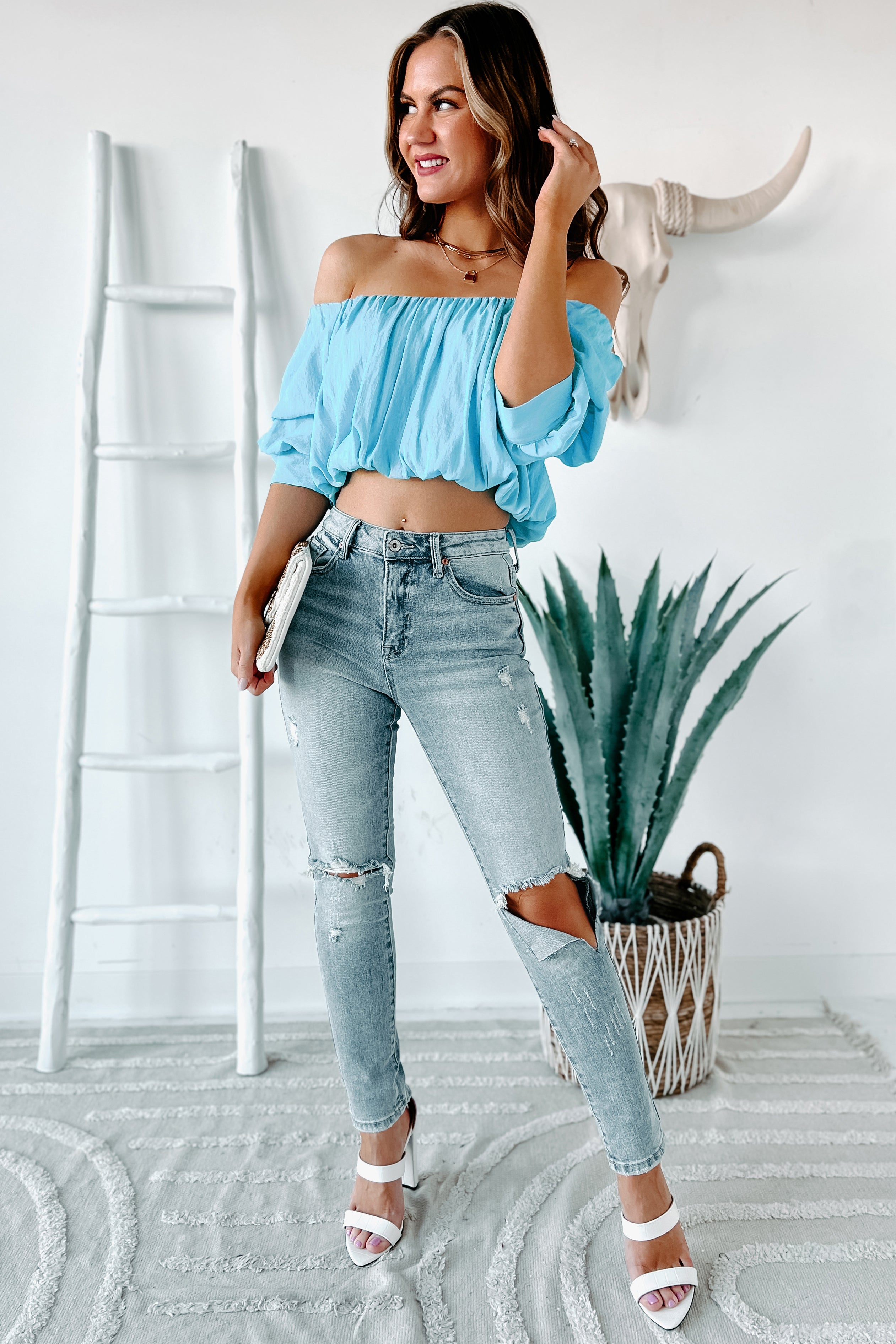 Chic Disposition Puff Sleeve Crop Top (Summer Blue)-The Formal Wear