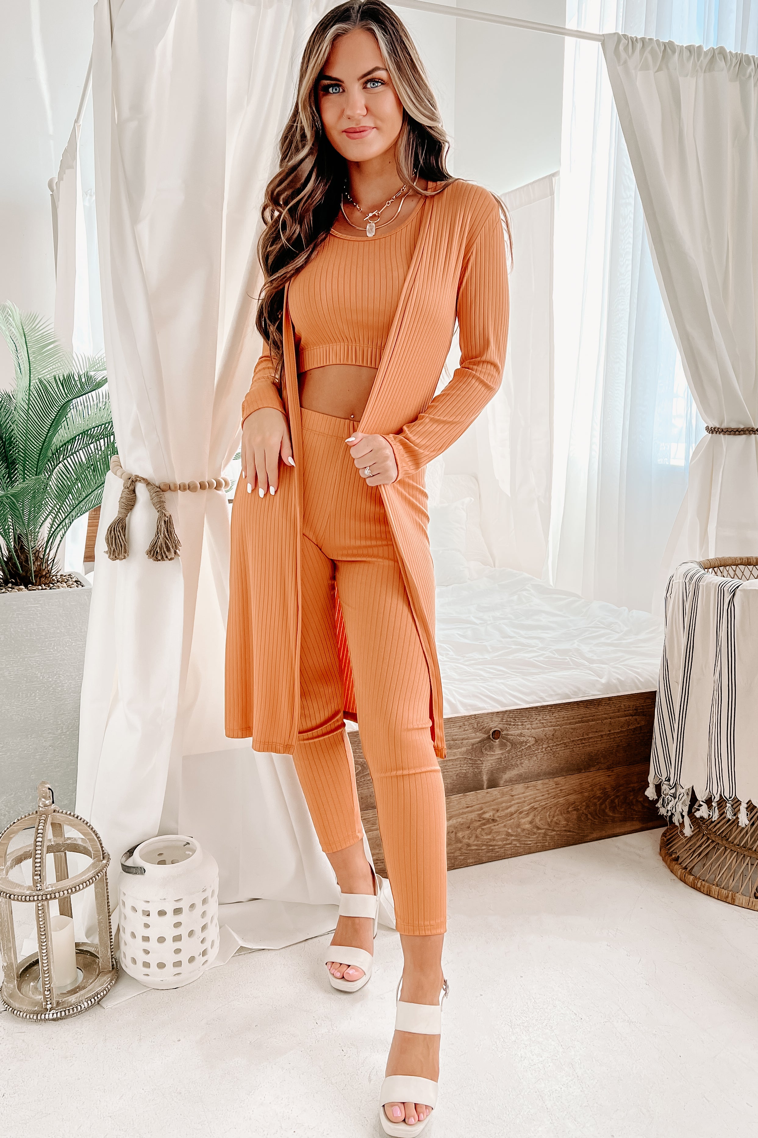 Everything And More Ribbed 3-Piece Set (Apricot)-The Formal Wear
