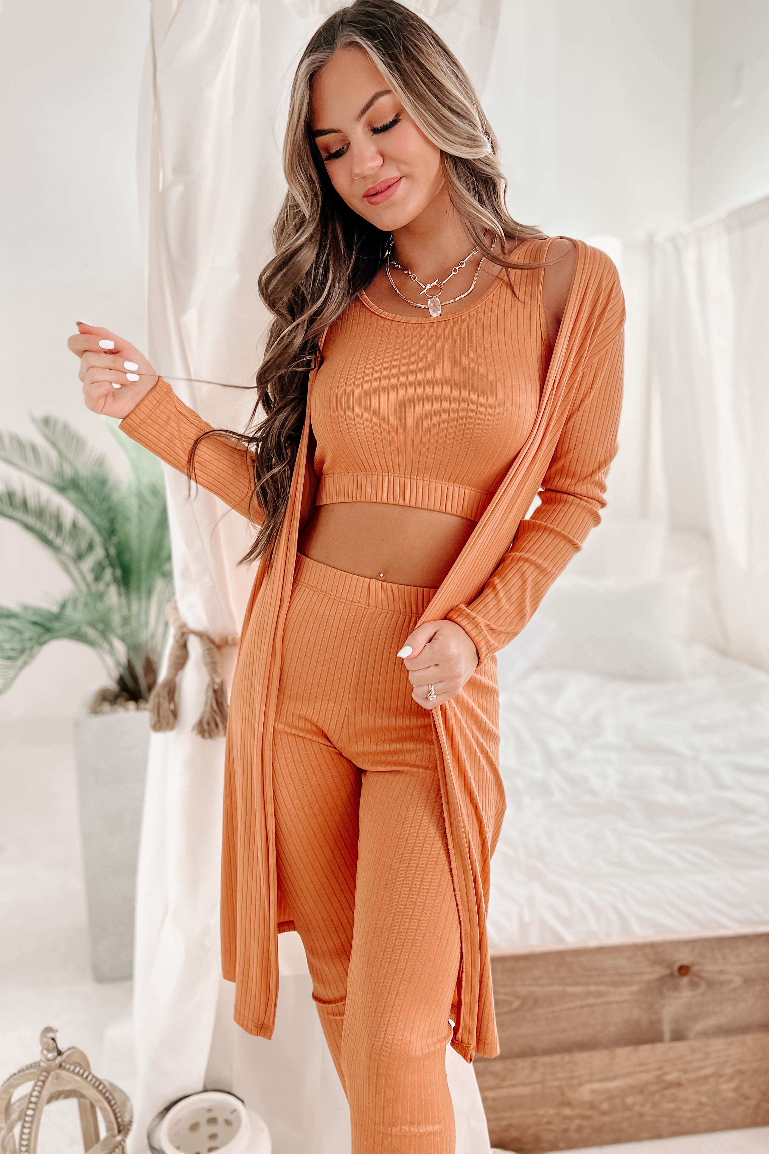Everything And More Ribbed 3-Piece Set (Apricot)-The Formal Wear