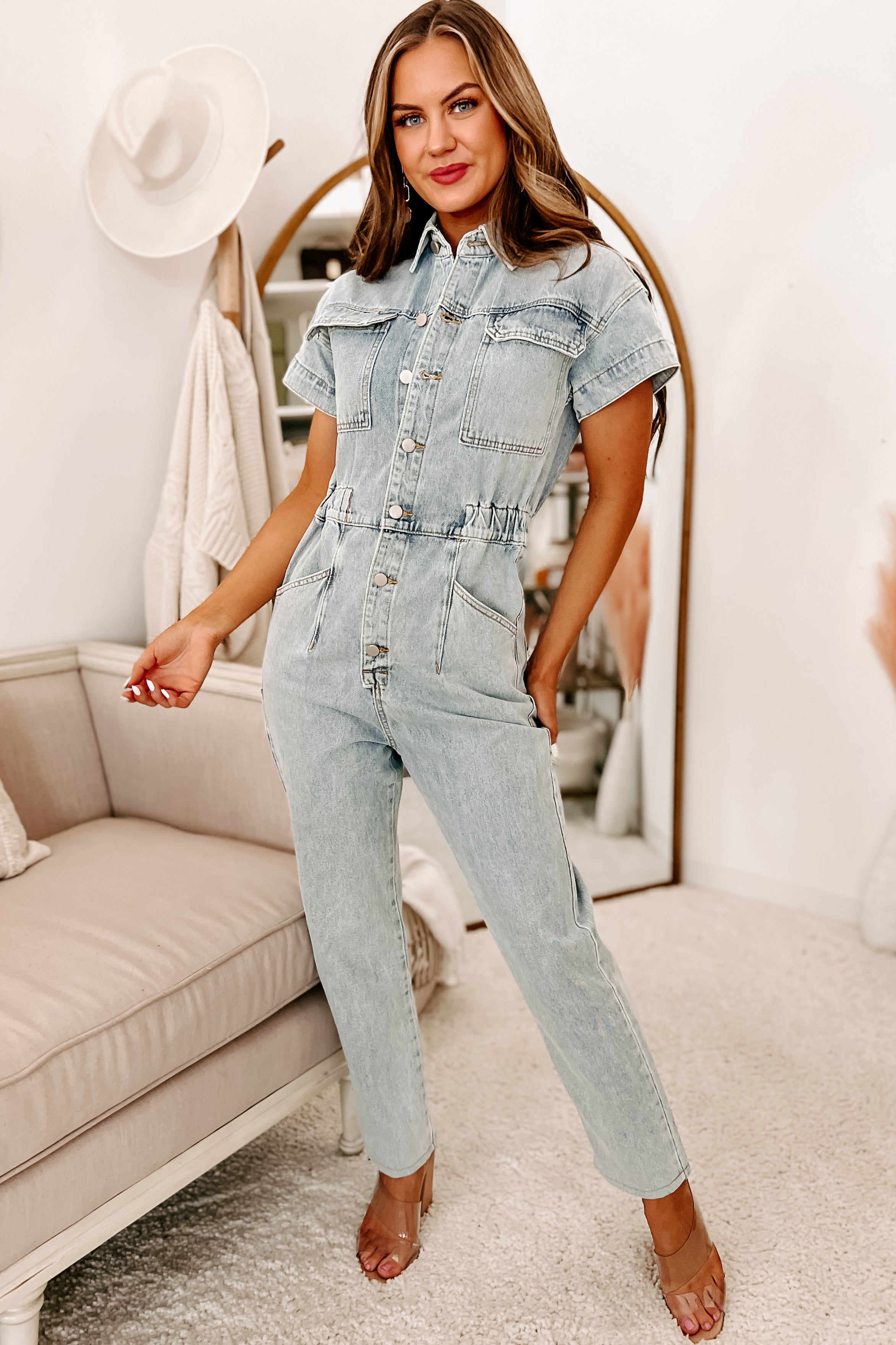 Quick Study Button-Down Denim Jumpsuit (Denim)-The Formal Wear
