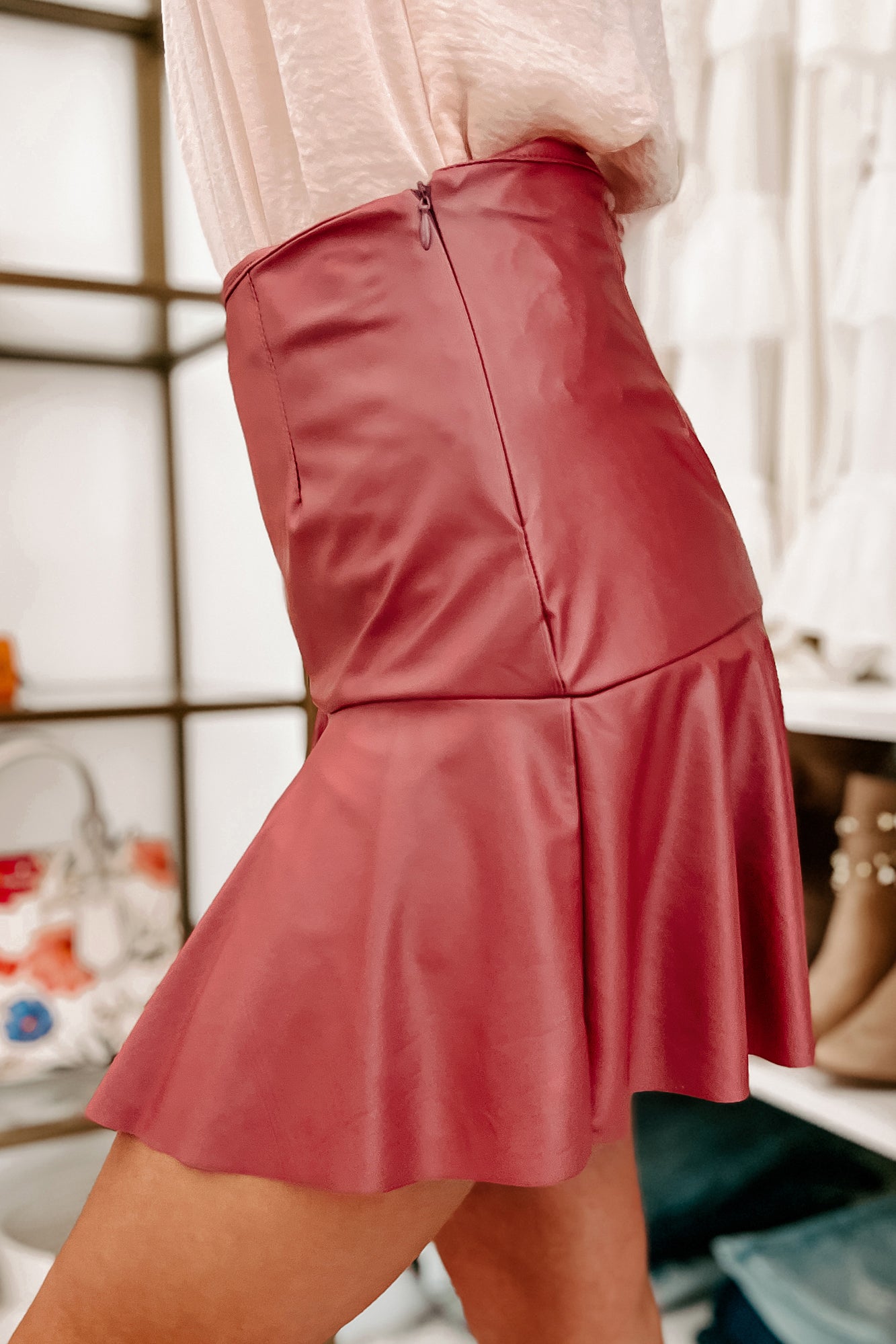 Sleek Shine Faux Leather Mini Skort (Mauve)-The Formal Wear