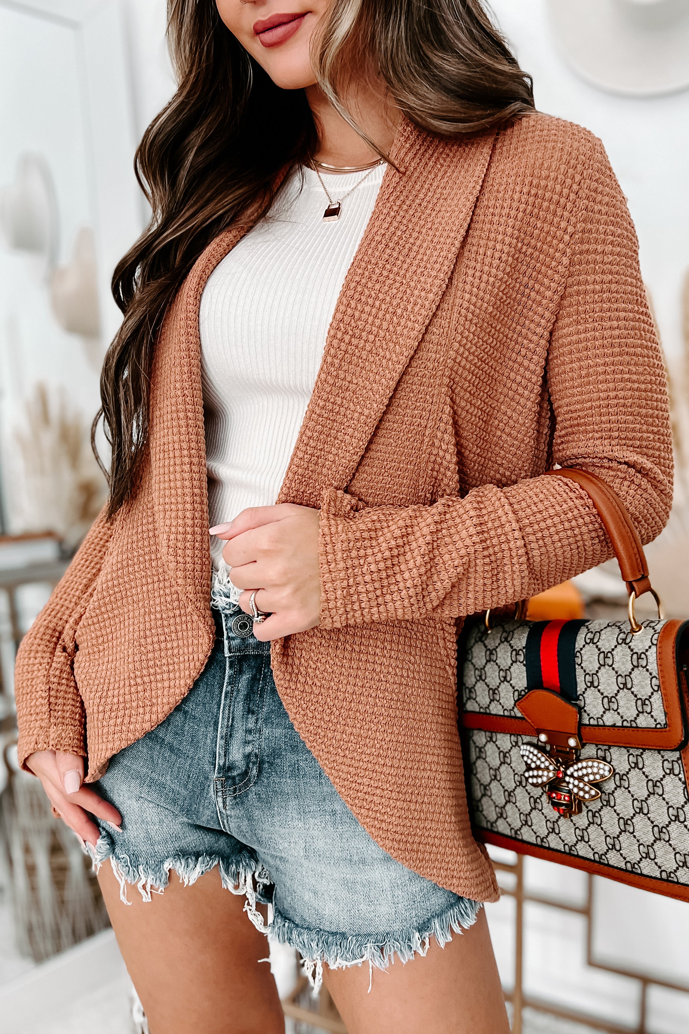 Things Are Looking Up Waffle Knit Cardigan (Brick)-The Formal Wear