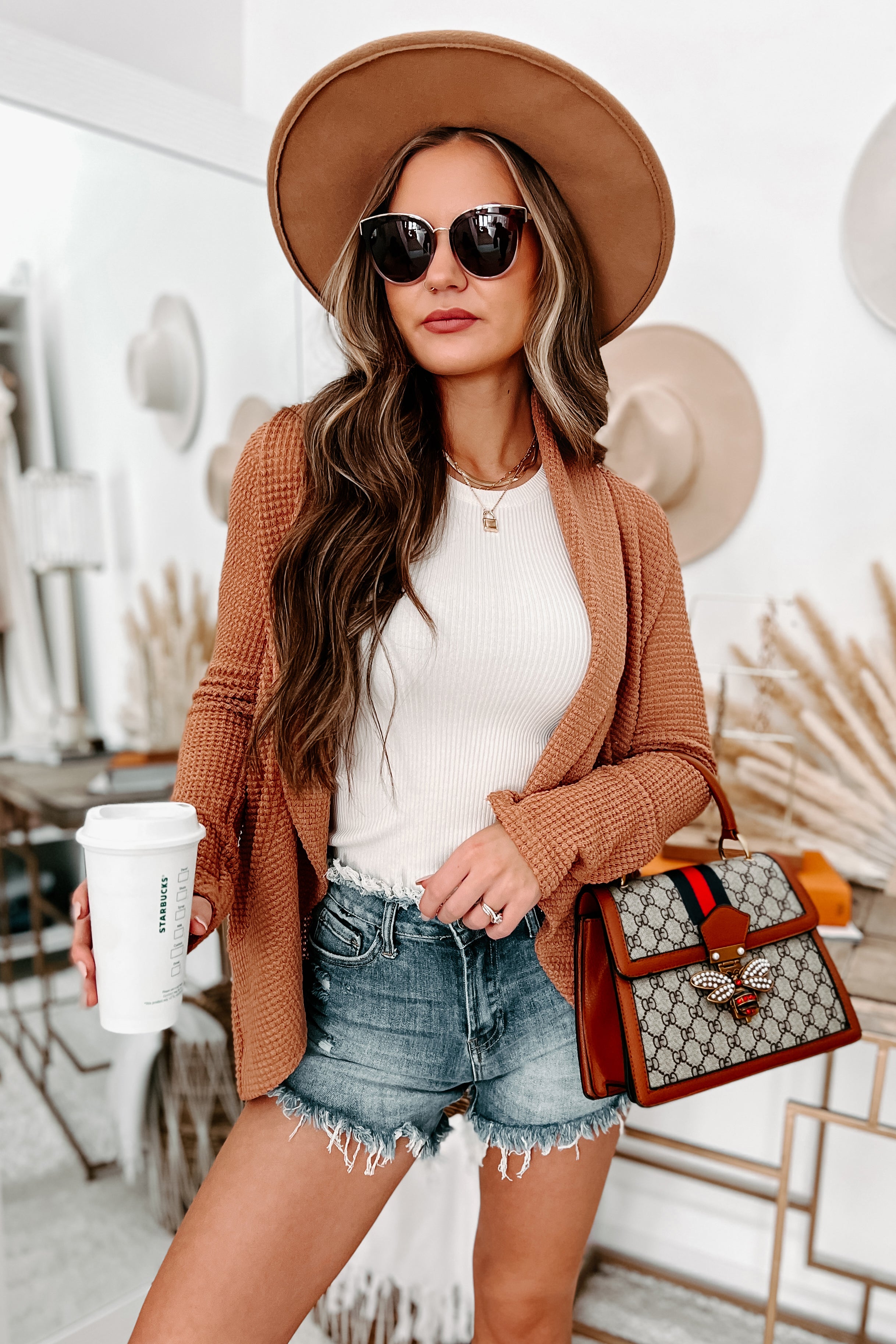 Things Are Looking Up Waffle Knit Cardigan (Brick)-The Formal Wear