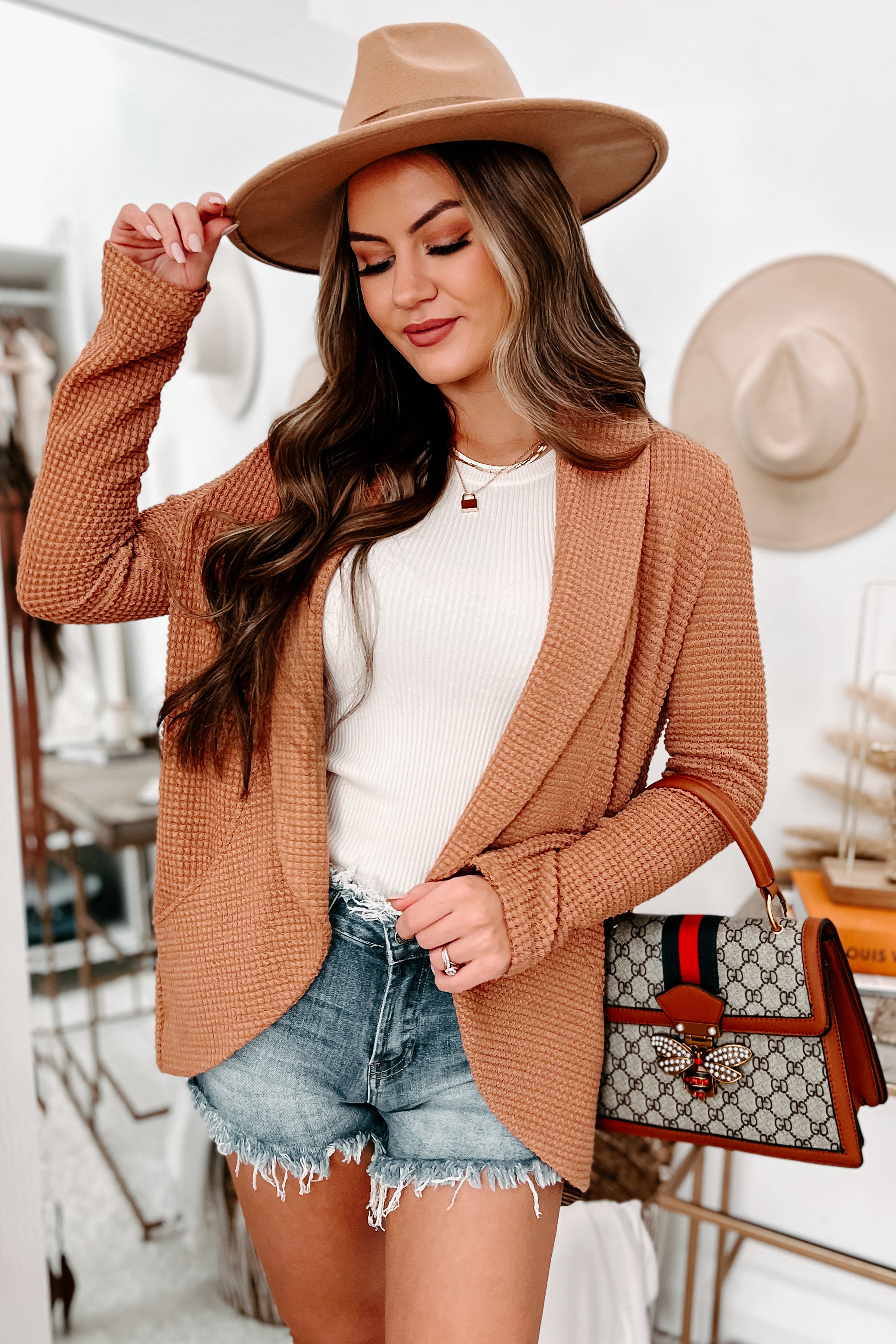 Things Are Looking Up Waffle Knit Cardigan (Brick)-The Formal Wear