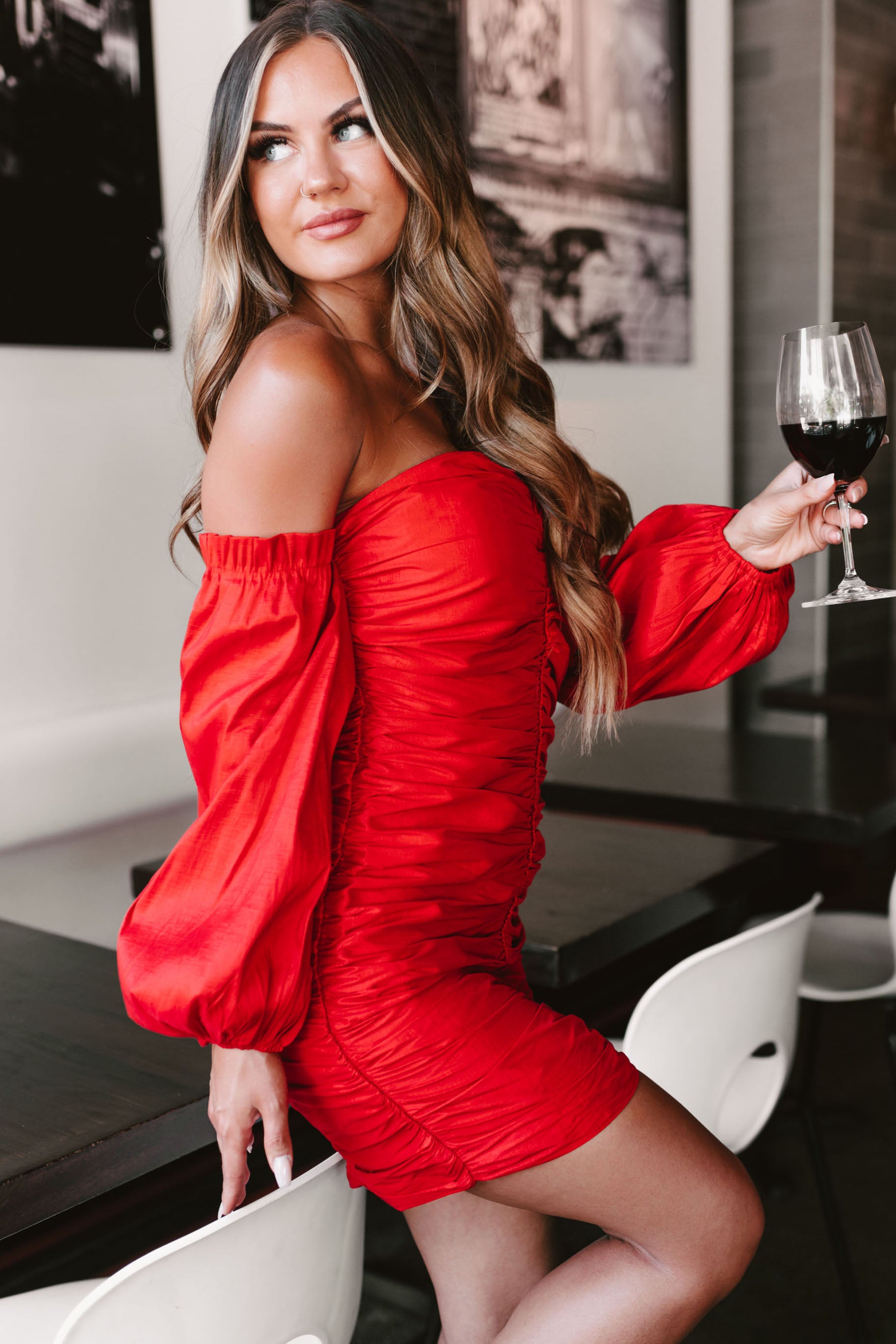Another Hot Spell Off The Shoulder Mini Dress (Red)-The Formal Wear