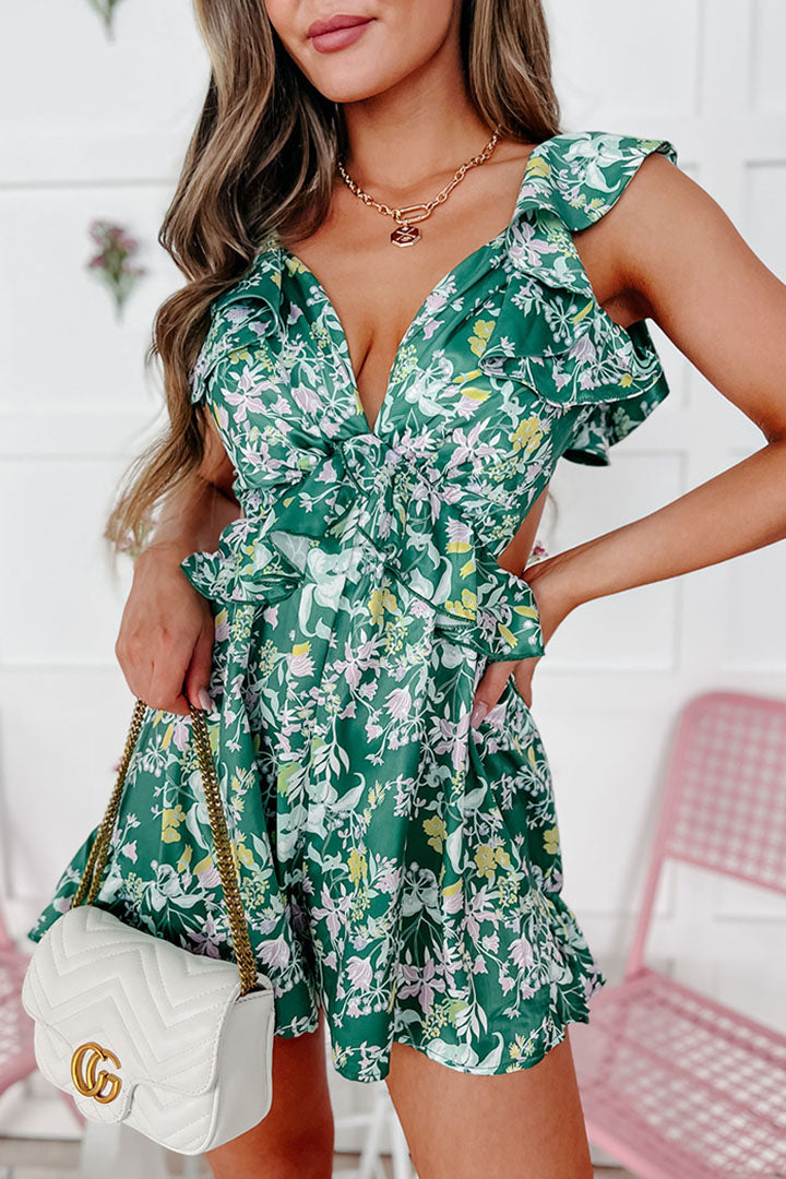 Beth Floral Satin Open Back Romper (Green Multi)-The Formal Wear