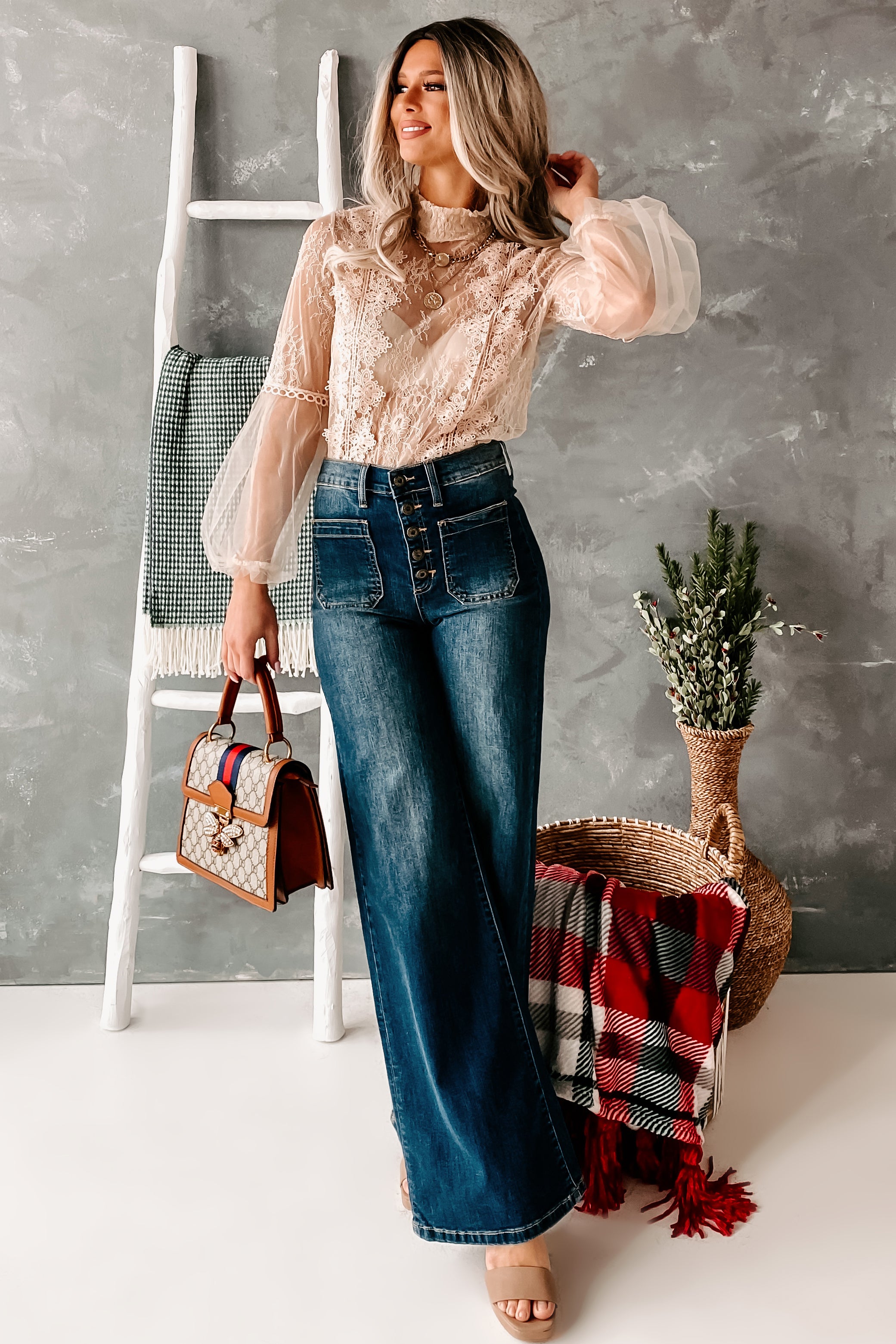 Take Responsibility Sneak Peek High Rise Button-Fly Wide Leg Jeans (Dark)-The Formal Wear